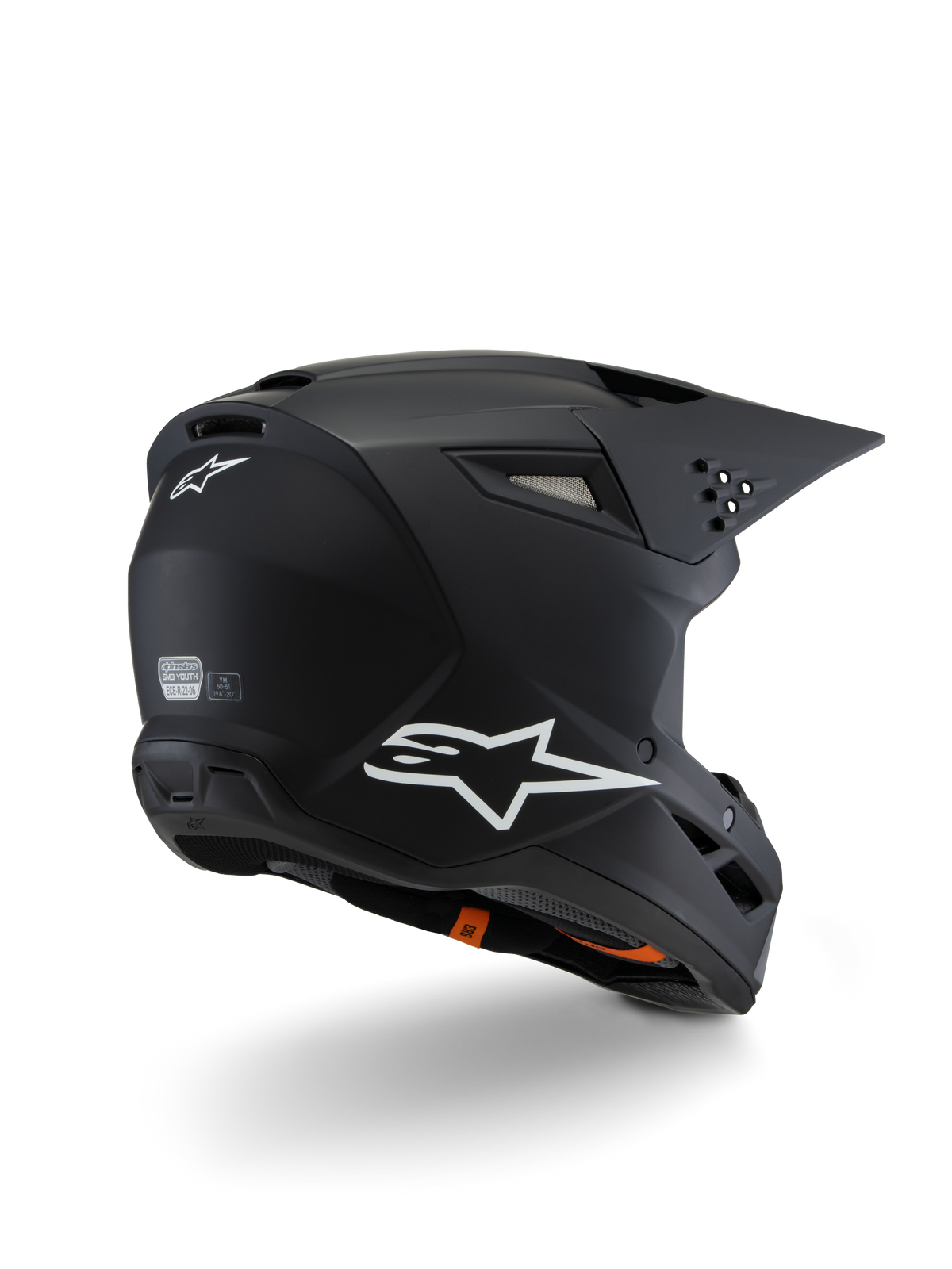 Alpinestars S-M3 Youth Solid Helm ECE 22.06, Motocross-Helm, Mattschwarz, Rückansicht in Dreiviertel-Perspektive mit weißen Alpinestars-Logos, schlankes Schalendesign mit integriertem Visier und Belüftungsöffnungen, Offroad-Schutzausrüstung für Jugendliche