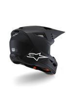 Alpinestars S-M3 Youth Solid Helm ECE 22.06, Motocross-Helm, Mattschwarz, Rückansicht in Dreiviertel-Perspektive mit weißen Alpinestars-Logos, schlankes Schalendesign mit integriertem Visier und Belüftungsöffnungen, Offroad-Schutzausrüstung für Jugendliche