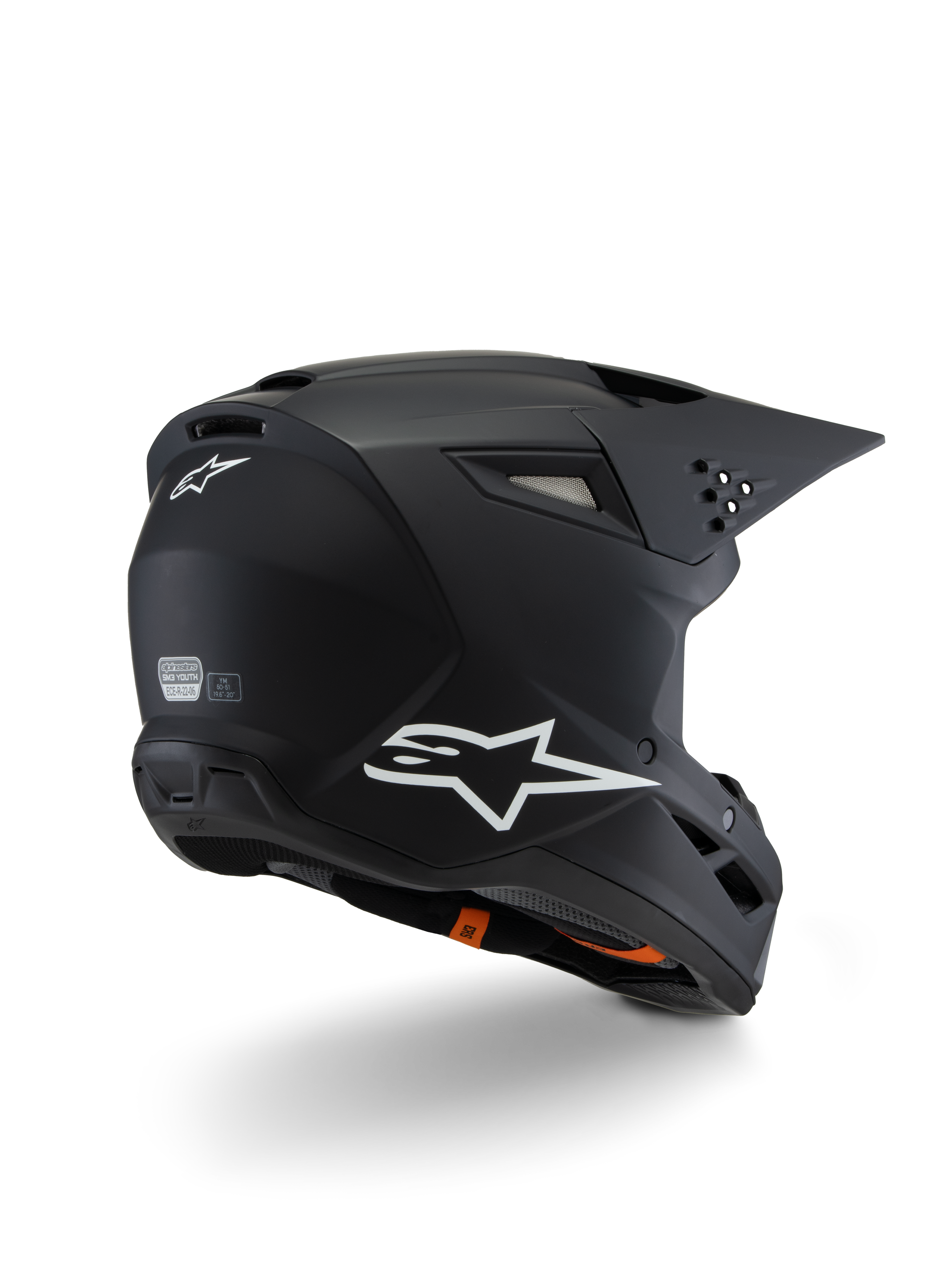 Alpinestars S-M3 Youth Solid Helm ECE 22.06, Motocross-Helm, Mattschwarz, Rückansicht in Dreiviertel-Perspektive mit weißen Alpinestars-Logos, schlankes Schalendesign mit integriertem Visier und Belüftungsöffnungen, Offroad-Schutzausrüstung für Jugendliche