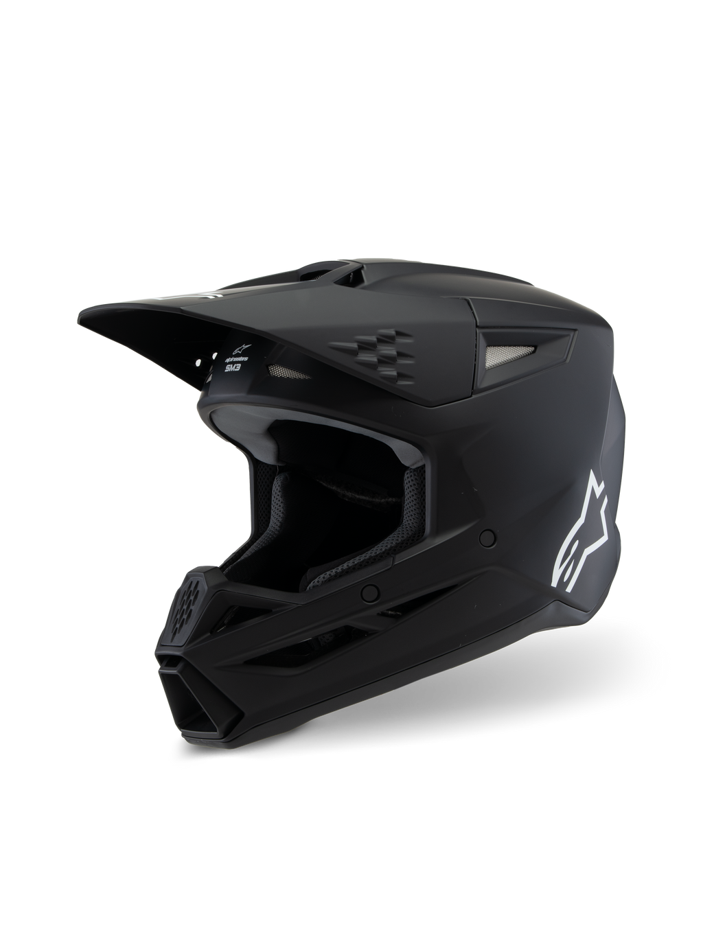 Alpinestars S-M3 Youth Solid Helm ECE 22.06, Motocross-Helm, Mattschwarz, Seitenansicht mit weißem Alpinestars-Logo, aerodynamische Schale mit Belüftungsöffnungen und integriertem Visier, professioneller Offroad-Kopfschutz für junge Fahrer