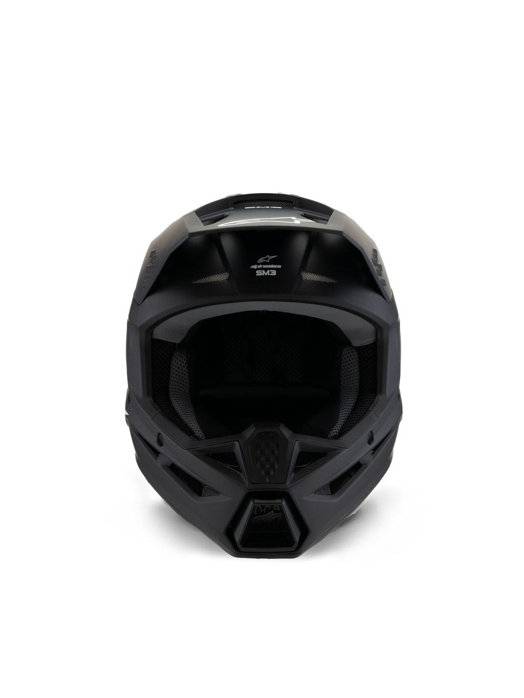 Alpinestars S-M3 Youth Solid Helm, Motocross-Helm, Schwarz Matt, Vorderansicht, mit mattem Finish, Belüftungsöffnungen am Kinnbügel und an der Stirn, weißes SM3-Logo, schlankes aerodynamisches Design für den Offroad-Rennsport