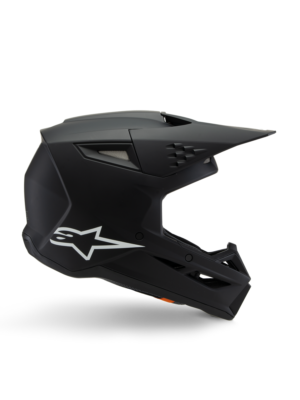 Alpinestars S-M3 Youth Solid Helm, Motocross-Helm, Mattschwarz mit weißem Stern-Logo, Seitenansicht mit kantigem Design, langes Visier und integrierte Belüftungsöffnungen, ECE 22.06 zertifiziert