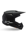 Alpinestars S-M3 Youth Solid Helm, Motocross-Helm, Mattschwarz mit weißem Stern-Logo, Seitenansicht mit kantigem Design, langes Visier und integrierte Belüftungsöffnungen, ECE 22.06 zertifiziert