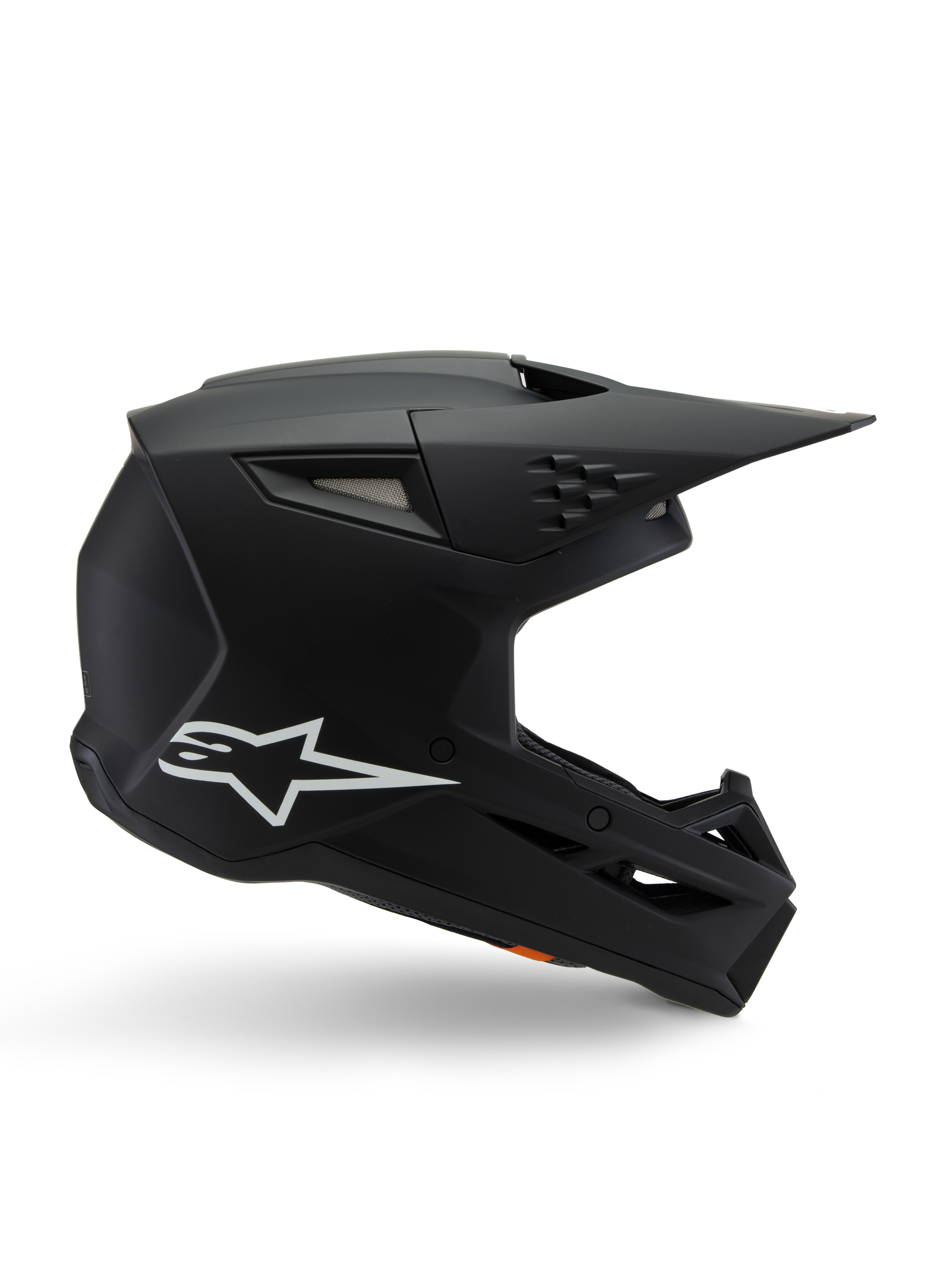 Alpinestars S-M3 Youth Solid Helm, Motocross-Helm, Mattschwarz mit weißem Stern-Logo, Seitenansicht mit kantigem Design, langes Visier und integrierte Belüftungsöffnungen, ECE 22.06 zertifiziert