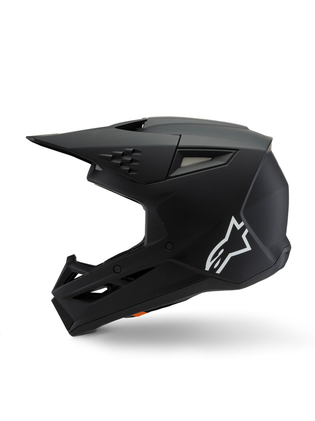 Alpinestars S-M3 Youth Solid Helm ECE 22.06, Motocross-Helm, Schwarz Matt, Seitenprofil mit weißem Alpinestars-Logo, aerodynamische Schale mit Mesh-Belüftungsöffnungen und integriertem Visier, Jugendschutzausrüstung für den Offroad-Rennsport