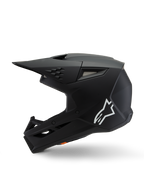 Alpinestars S-M3 Youth Solid Helm ECE 22.06, Motocross-Helm, Schwarz Matt, Seitenprofil mit weißem Alpinestars-Logo, aerodynamische Schale mit Mesh-Belüftungsöffnungen und integriertem Visier, Jugendschutzausrüstung für den Offroad-Rennsport