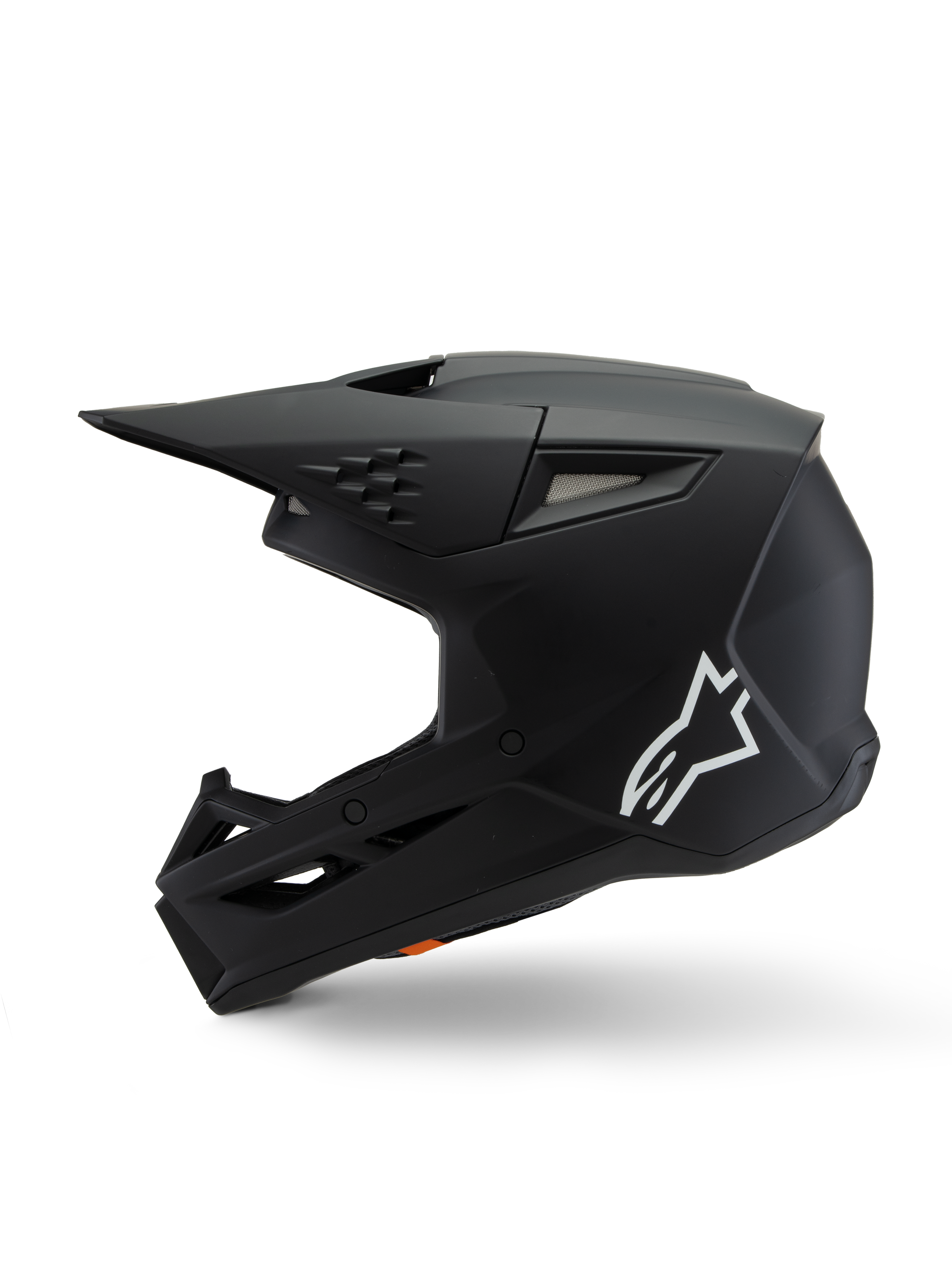 Alpinestars S-M3 Youth Solid Helm ECE 22.06, Motocross-Helm, Schwarz Matt, Seitenprofil mit weißem Alpinestars-Logo, aerodynamische Schale mit Mesh-Belüftungsöffnungen und integriertem Visier, Jugendschutzausrüstung für den Offroad-Rennsport