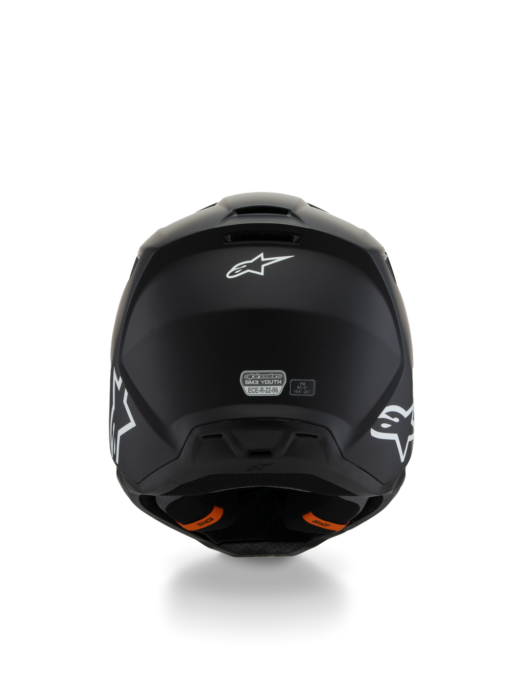 Alpinestars S-M3 Youth Solid Helm ECE 22.06, Motocross-Helm, Mattschwarz, Rückansicht mit weißen Stern-Logos und ECE-Zertifizierungsaufkleber, orangefarbene Laschen des Emergency Release Systems, stromlinienförmige Schutzschale für jugendliche Fahrer