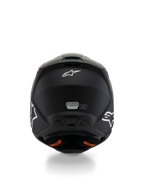 Alpinestars S-M3 Youth Solid Helm ECE 22.06, Motocross-Helm, Mattschwarz, Rückansicht mit weißen Stern-Logos und ECE-Zertifizierungsaufkleber, orangefarbene Laschen des Emergency Release Systems, stromlinienförmige Schutzschale für jugendliche Fahrer