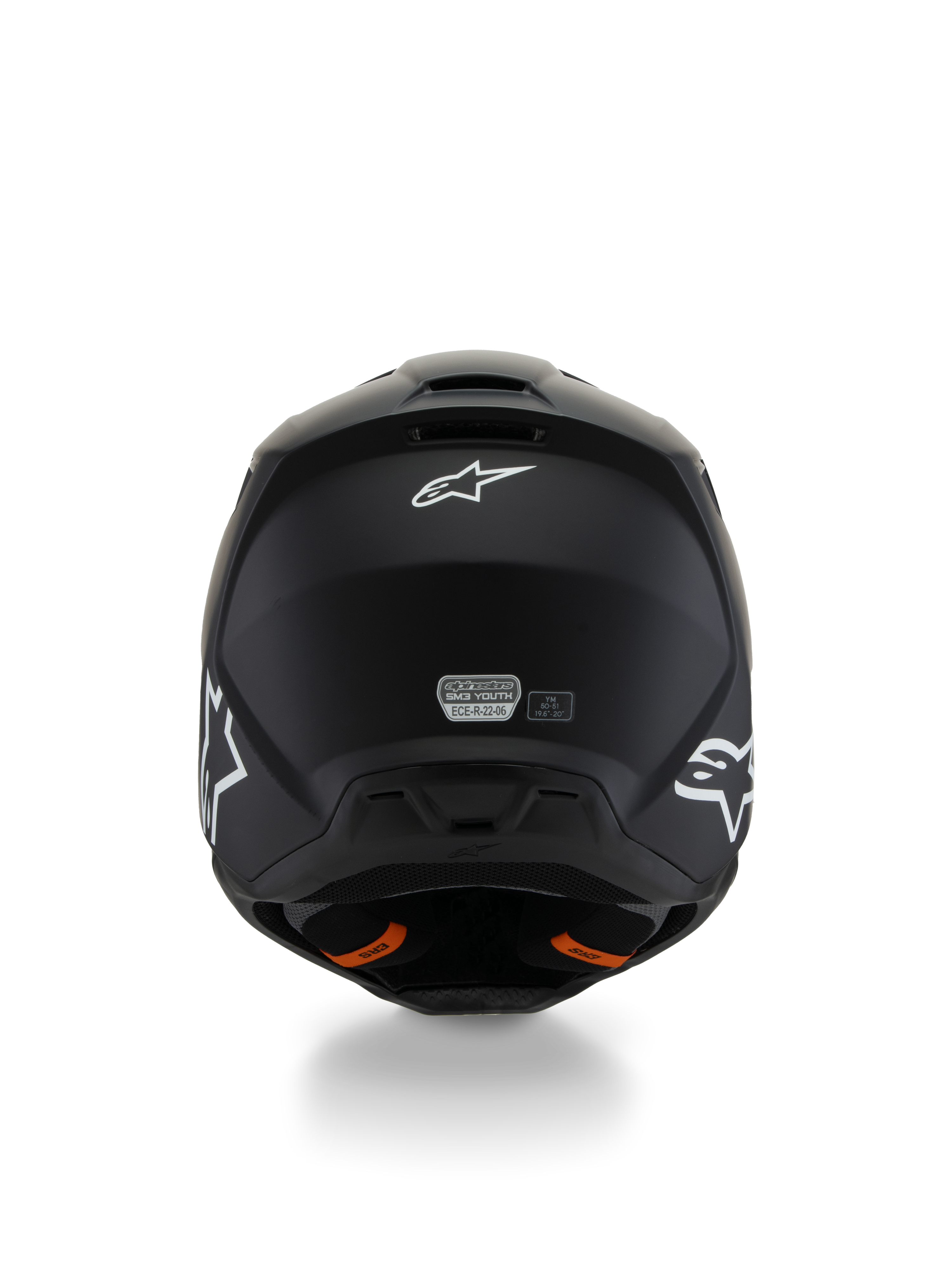 Alpinestars S-M3 Youth Solid Helm ECE 22.06, Motocross-Helm, Mattschwarz, Rückansicht mit weißen Stern-Logos und ECE-Zertifizierungsaufkleber, orangefarbene Laschen des Emergency Release Systems, stromlinienförmige Schutzschale für jugendliche Fahrer