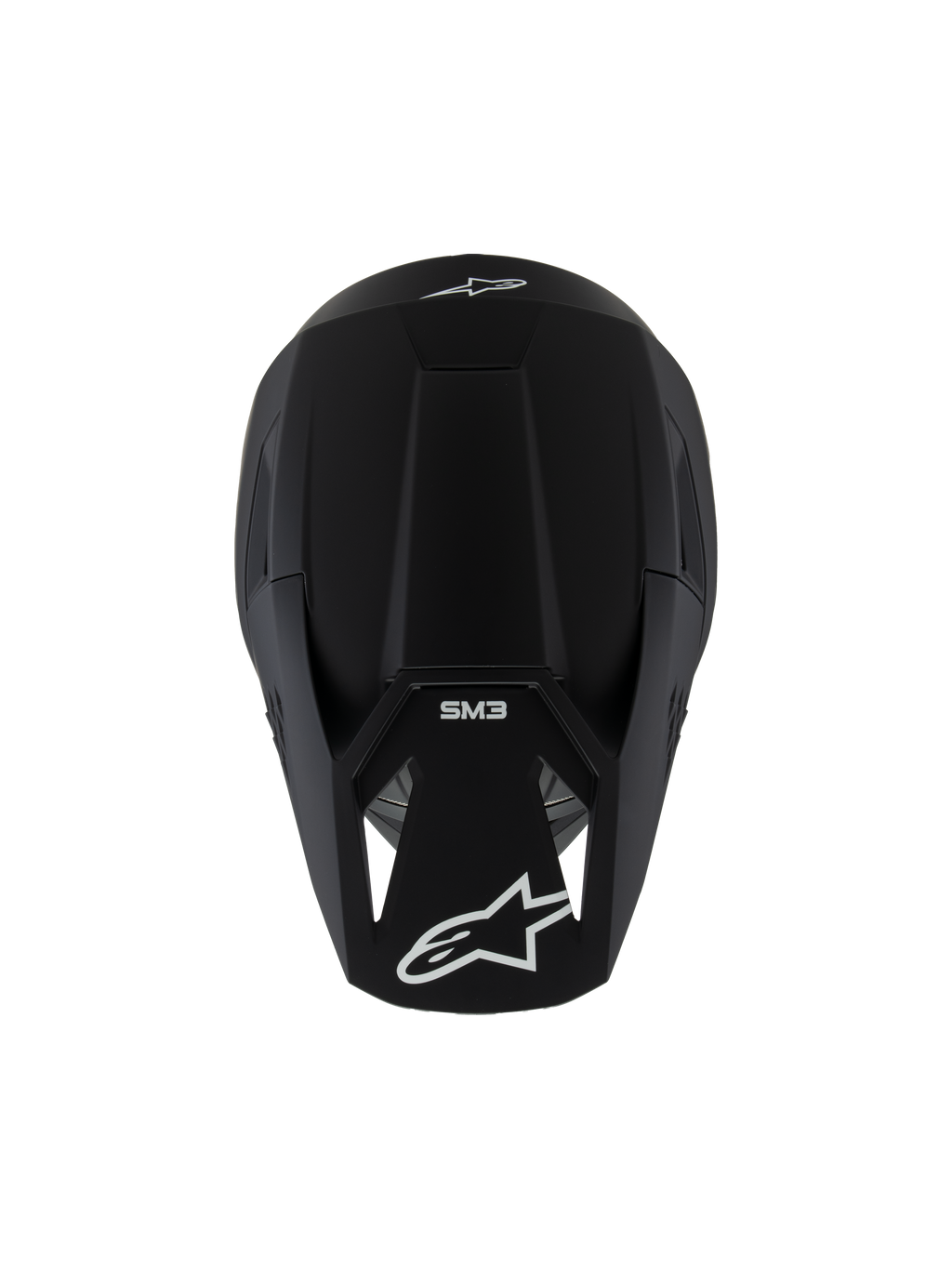 Alpinestars S-M3 Jugend-Helm Solid ECE 22.06, Motocross-Helm, Schwarz Matt, Draufsicht mit weißen Logos und SM3-Branding, schlankes aerodynamisches Design für Offroad-Rennsport