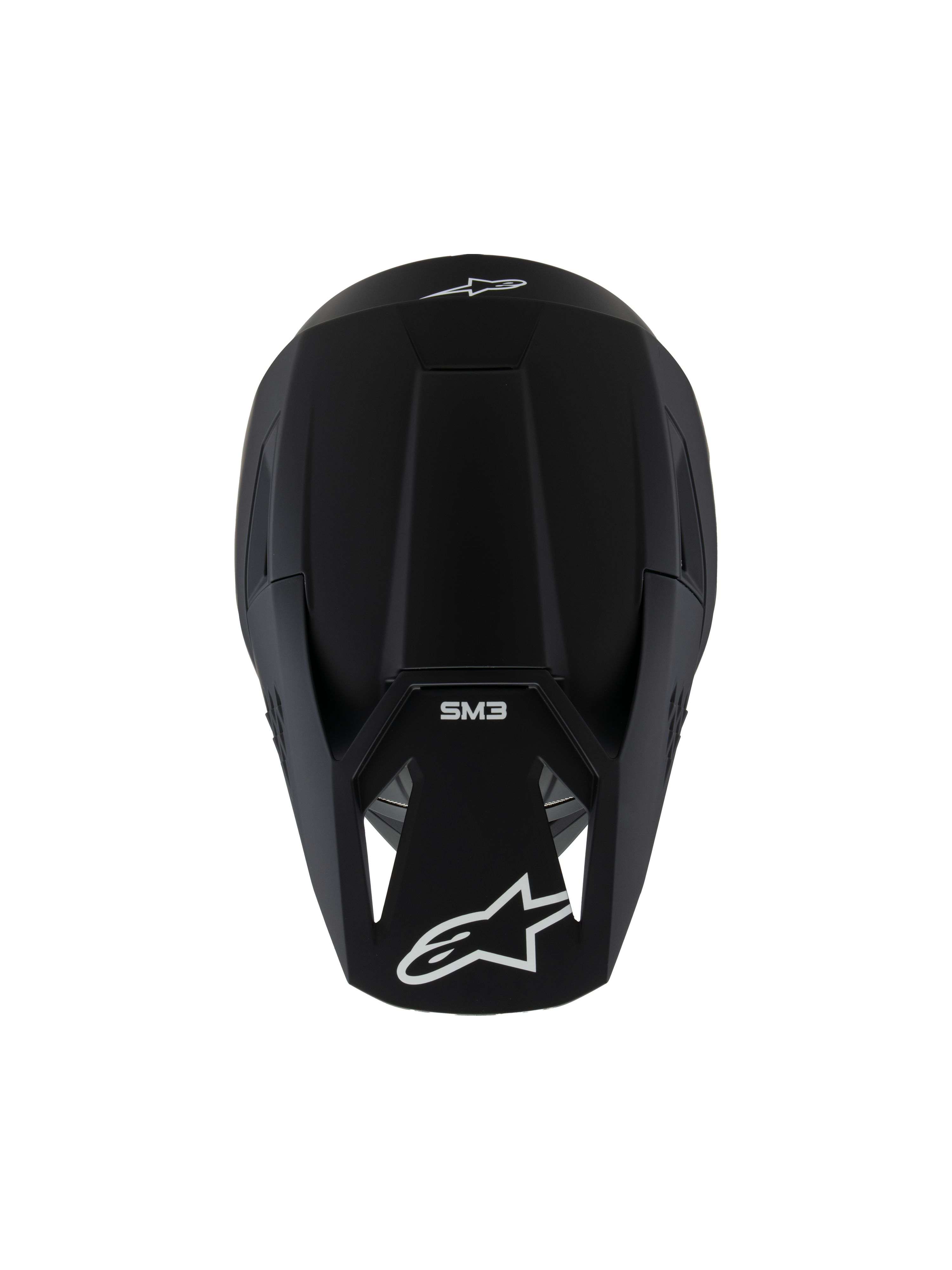 Alpinestars S-M3 Jugend-Helm Solid ECE 22.06, Motocross-Helm, Schwarz Matt, Draufsicht mit weißen Logos und SM3-Branding, schlankes aerodynamisches Design für Offroad-Rennsport