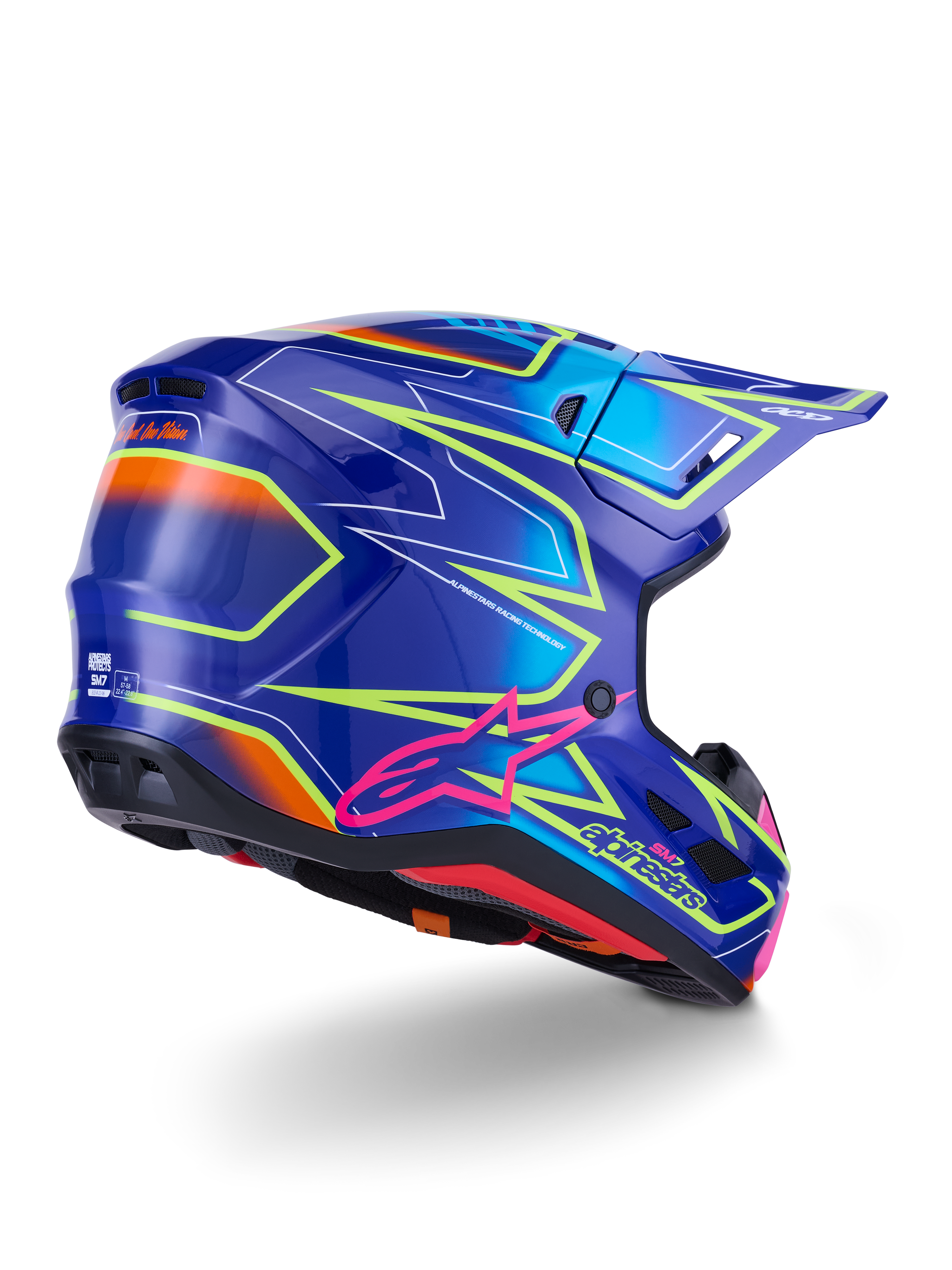 Alpinestars S-M7 Cast Helm, Motocross-Helm, Blau, Pink und Gelb Fluo Glänzend, Dreiviertel-Rückansicht mit aerodynamischer Schale, markanten kantigen Grafiken, pinkfarbenem Astar-Logo und integrierten Belüftungsöffnungen für den Offroad-Rennsport