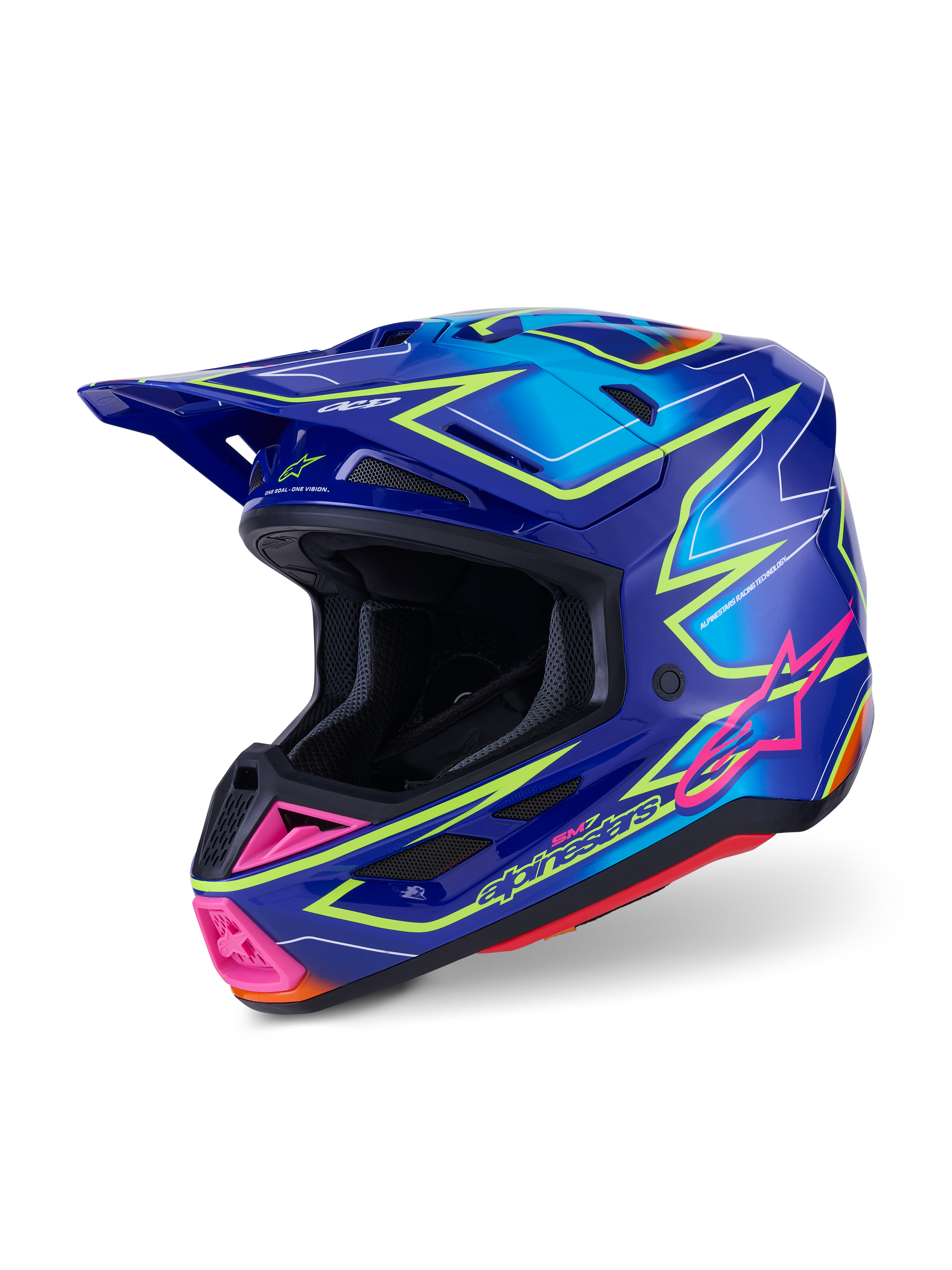 Alpinestars S-M7 Cast Helm ECE 22.06, Motocross-Helm, Blau, Pink und Gelb Fluo glänzend, Dreiviertel-Seitenansicht, aerodynamische Schale mit mehreren Belüftungsöffnungen, lebhaftes Grafikdesign mit pinkfarbenen Akzenten und neongelben Umrissen.
