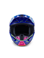 Alpinestars S-M7 Cast Helm ECE 22.06, Motocross-Helm, Blau, Pink und Fluo-Gelb glänzend, Frontansicht zeigt aggressive aerodynamische Schale, belüfteter Kinnschutz mit pinkfarbenen Akzenten und breite Augenöffnung für Offroad-Rennsport