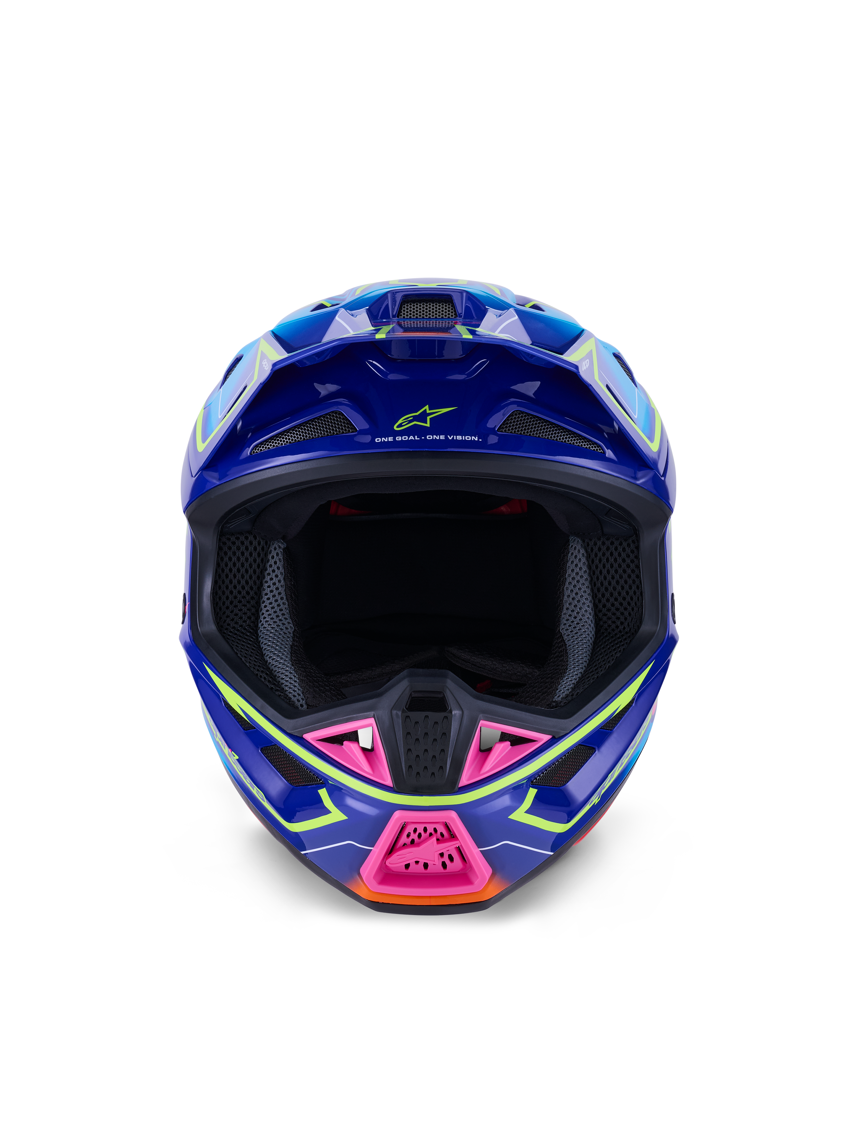 Alpinestars S-M7 Cast Helm ECE 22.06, Motocross-Helm, Blau, Pink und Fluo-Gelb glänzend, Frontansicht zeigt aggressive aerodynamische Schale, belüfteter Kinnschutz mit pinkfarbenen Akzenten und breite Augenöffnung für Offroad-Rennsport