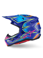 Alpinestars S-M7 Cast Helm, Motocross-Helm, Blau mit pinkfarbenen und neongelben glänzenden Akzenten, Seitenansicht mit aerodynamischer Verbundschale, integrierten Belüftungsöffnungen, pinkfarbenem Stern-Logo und gelbem Branding, entwickelt für Schutz im Offroad-Rennsport.