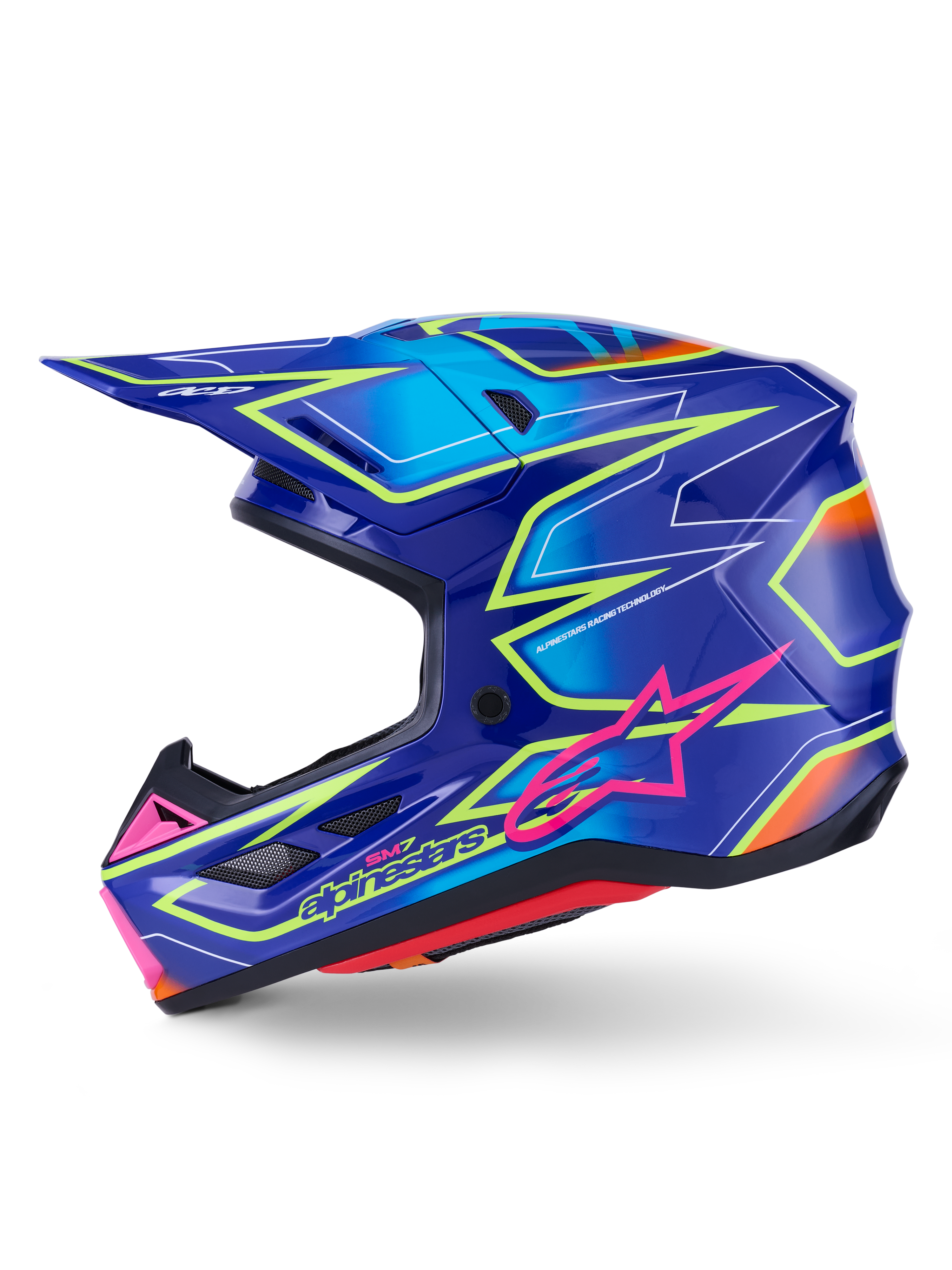 Alpinestars S-M7 Cast Helm, Motocross-Helm, Blau mit pinkfarbenen und neongelben glänzenden Akzenten, Seitenansicht mit aerodynamischer Verbundschale, integrierten Belüftungsöffnungen, pinkfarbenem Stern-Logo und gelbem Branding, entwickelt für Schutz im Offroad-Rennsport.