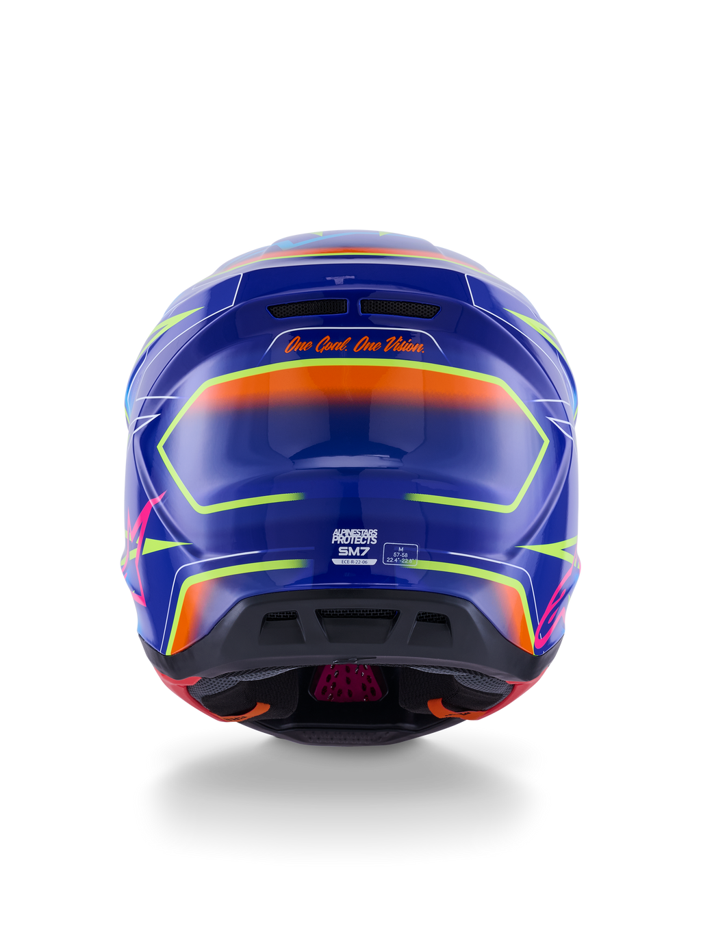 Alpinestars S-M7 Cast Helm ECE 22.06, Motocross-Helm, Blau, Pink und Gelb Fluo Glänzend, Rückansicht mit dem Slogan 'One Goal. One Vision.', aerodynamische Verbundschale mit integrierten Belüftungsöffnungen und leuchtenden Neon-Akzenten
