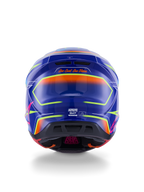 Alpinestars S-M7 Cast Helm ECE 22.06, Motocross-Helm, Blau, Pink und Gelb Fluo Glänzend, Rückansicht mit dem Slogan 'One Goal. One Vision.', aerodynamische Verbundschale mit integrierten Belüftungsöffnungen und leuchtenden Neon-Akzenten