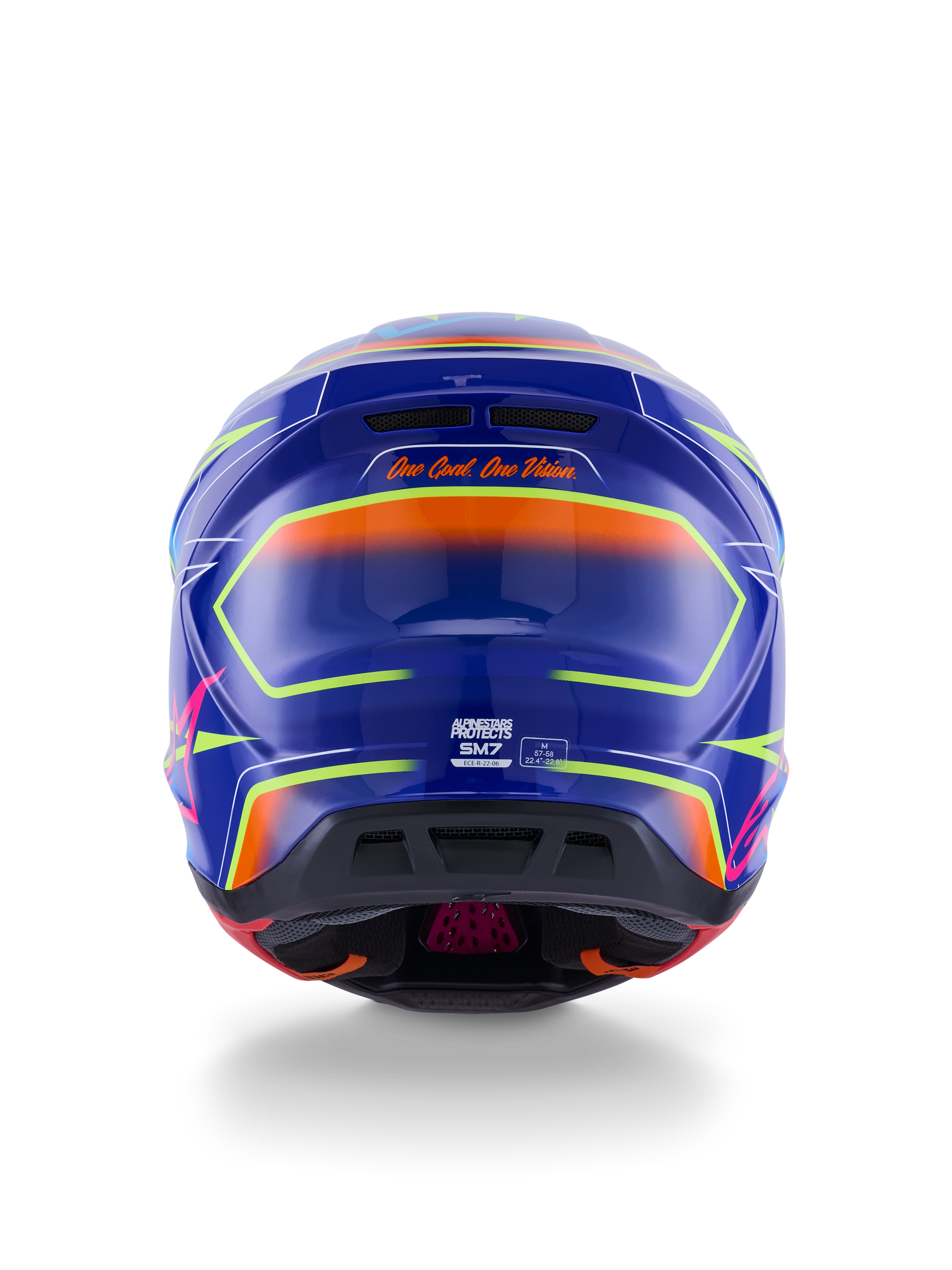 Alpinestars S-M7 Cast Helm ECE 22.06, Motocross-Helm, Blau, Pink und Gelb Fluo Glänzend, Rückansicht mit dem Slogan 'One Goal. One Vision.', aerodynamische Verbundschale mit integrierten Belüftungsöffnungen und leuchtenden Neon-Akzenten