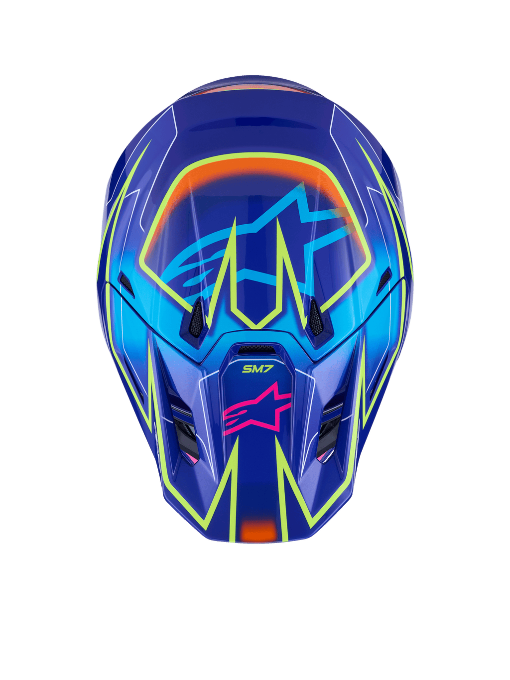 Alpinestars S-M7 Cast Helm, Motocross-Helm, Blau, Pink und Gelb Fluo Glänzend, Vorderansicht mit leuchtend gelben geometrischen Fluo-Linien, pinkes Alpinestars Stern-Logo am Kinnschutz und hellblaues Stern-Logo im Visierbereich, aerodynamisches Schalendesign für den Offroad-Rennsport