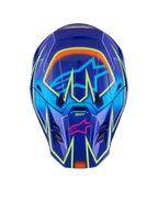 Alpinestars S-M7 Cast Helm, Motocross-Helm, Blau, Pink und Gelb Fluo Glänzend, Vorderansicht mit leuchtend gelben geometrischen Fluo-Linien, pinkes Alpinestars Stern-Logo am Kinnschutz und hellblaues Stern-Logo im Visierbereich, aerodynamisches Schalendesign für den Offroad-Rennsport