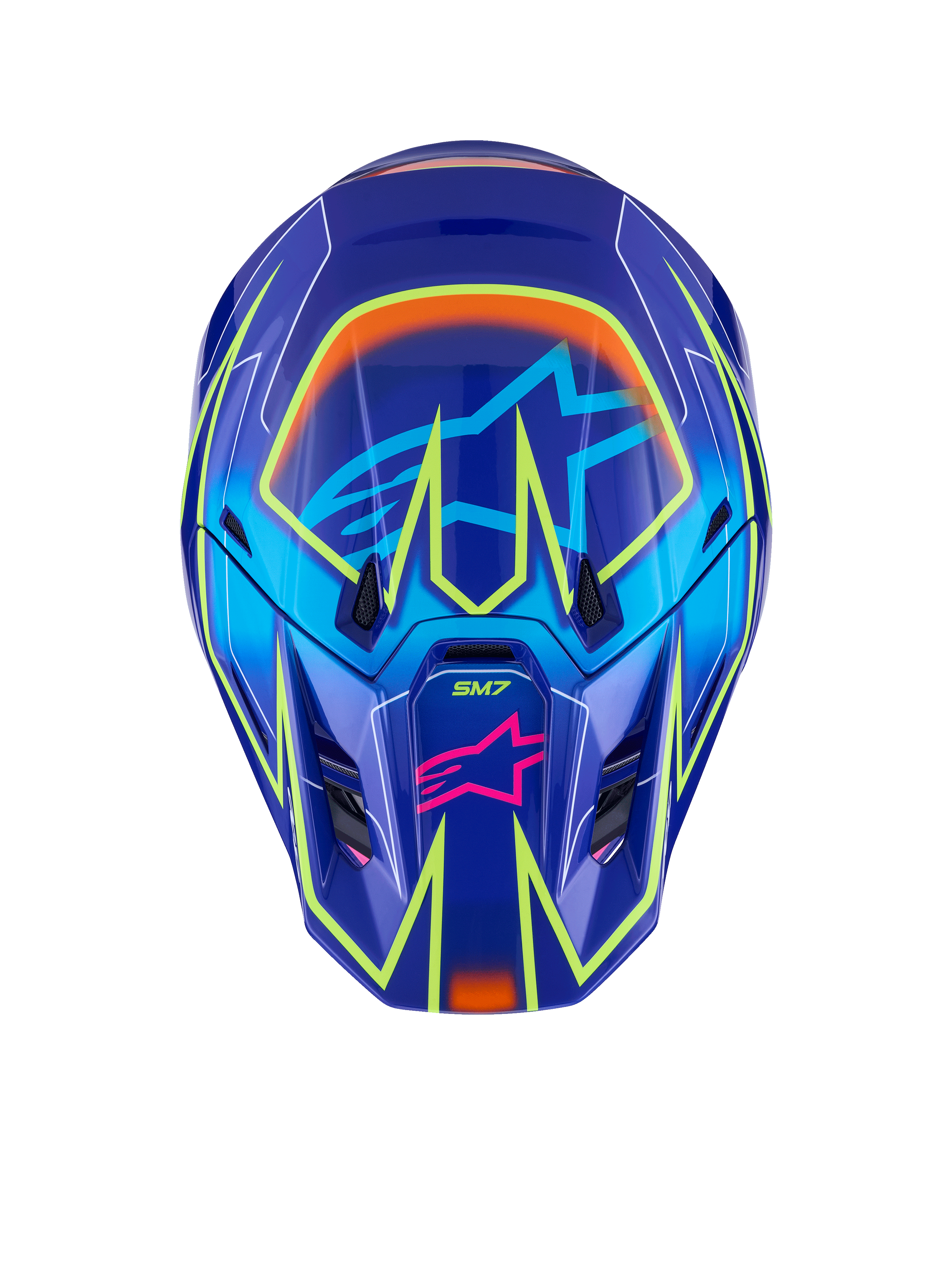 Alpinestars S-M7 Cast Helm, Motocross-Helm, Blau, Pink und Gelb Fluo Glänzend, Vorderansicht mit leuchtend gelben geometrischen Fluo-Linien, pinkes Alpinestars Stern-Logo am Kinnschutz und hellblaues Stern-Logo im Visierbereich, aerodynamisches Schalendesign für den Offroad-Rennsport
