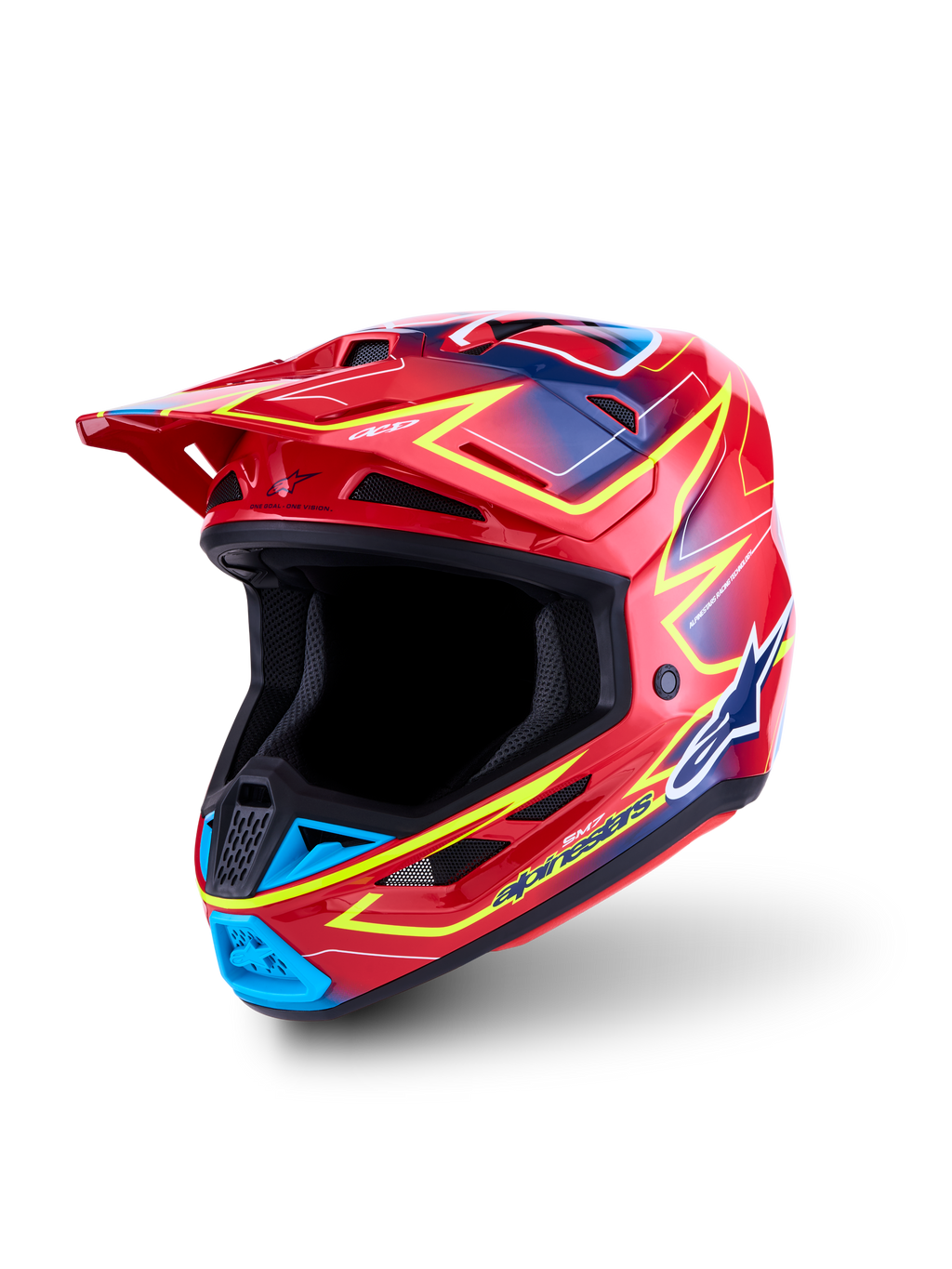 Alpinestars S-M7 Cast Helm ECE06, Motocross-Helm für Geländefahrten, Rot mit Akzenten in Fluo-Gelb und Blau, ECE 22.06-zertifizierte leichte Verbundschale.