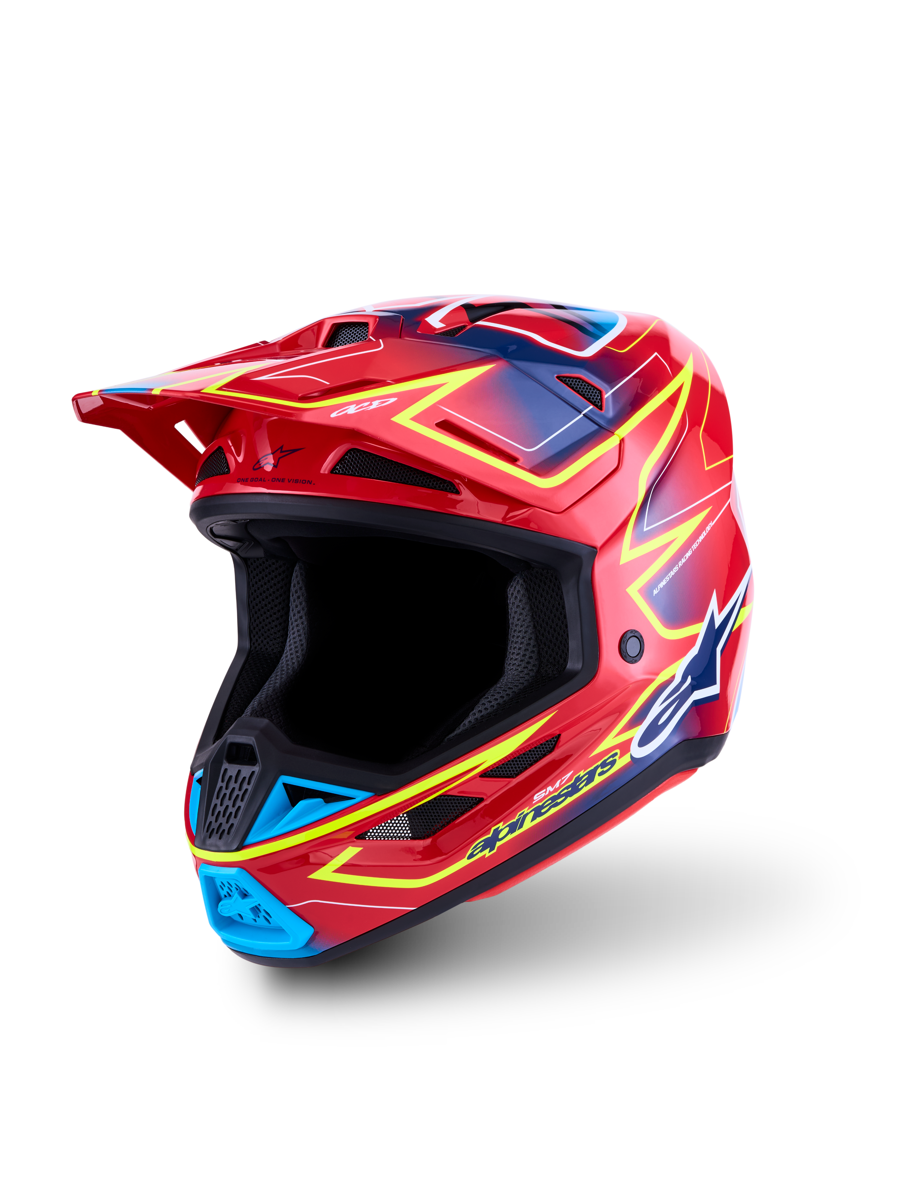 Alpinestars S-M7 Cast Helm ECE06, Motocross-Helm für Geländefahrten, Rot mit Akzenten in Fluo-Gelb und Blau, ECE 22.06-zertifizierte leichte Verbundschale.