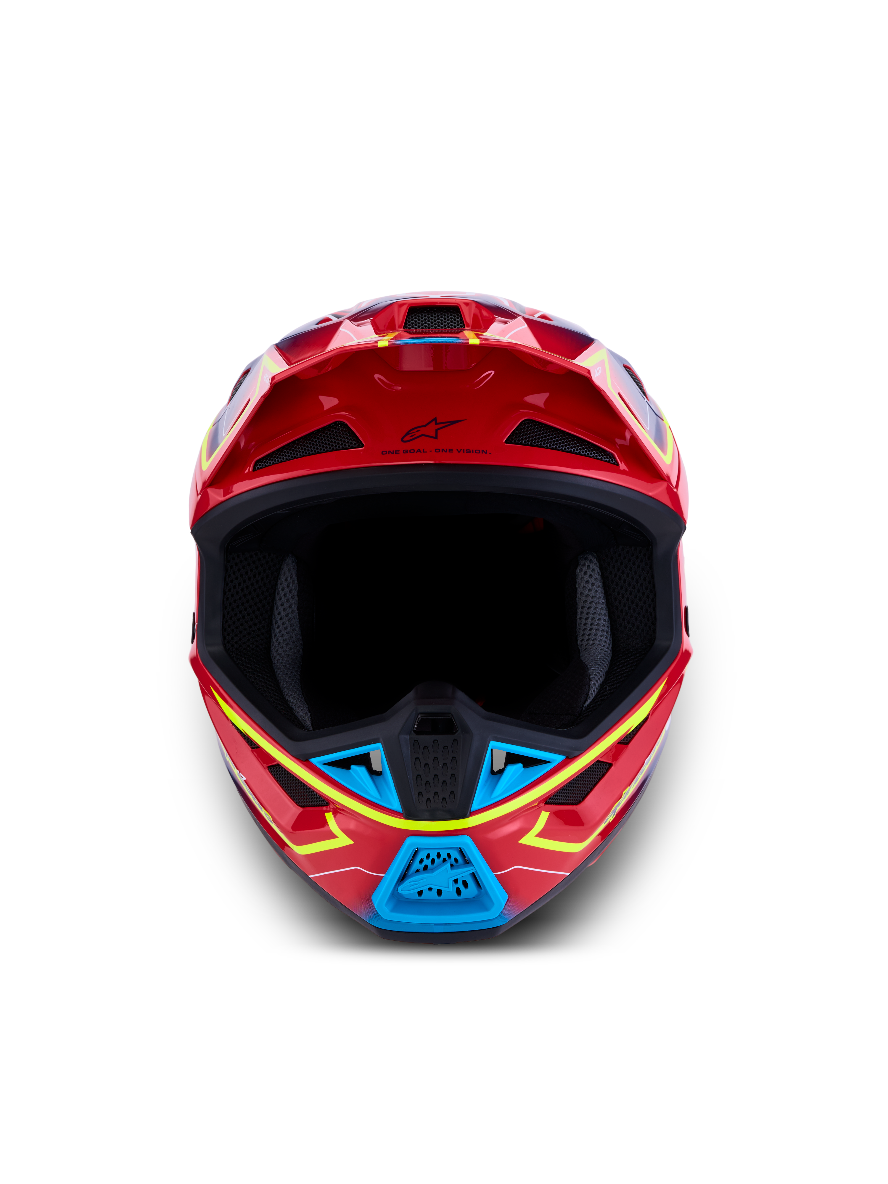 Alpinestars S-M7 Cast Motocross-Helm in Rot, Blau und Fluo-Gelb, ECE 22.06-zertifiziert, Frontansicht mit Belüftung