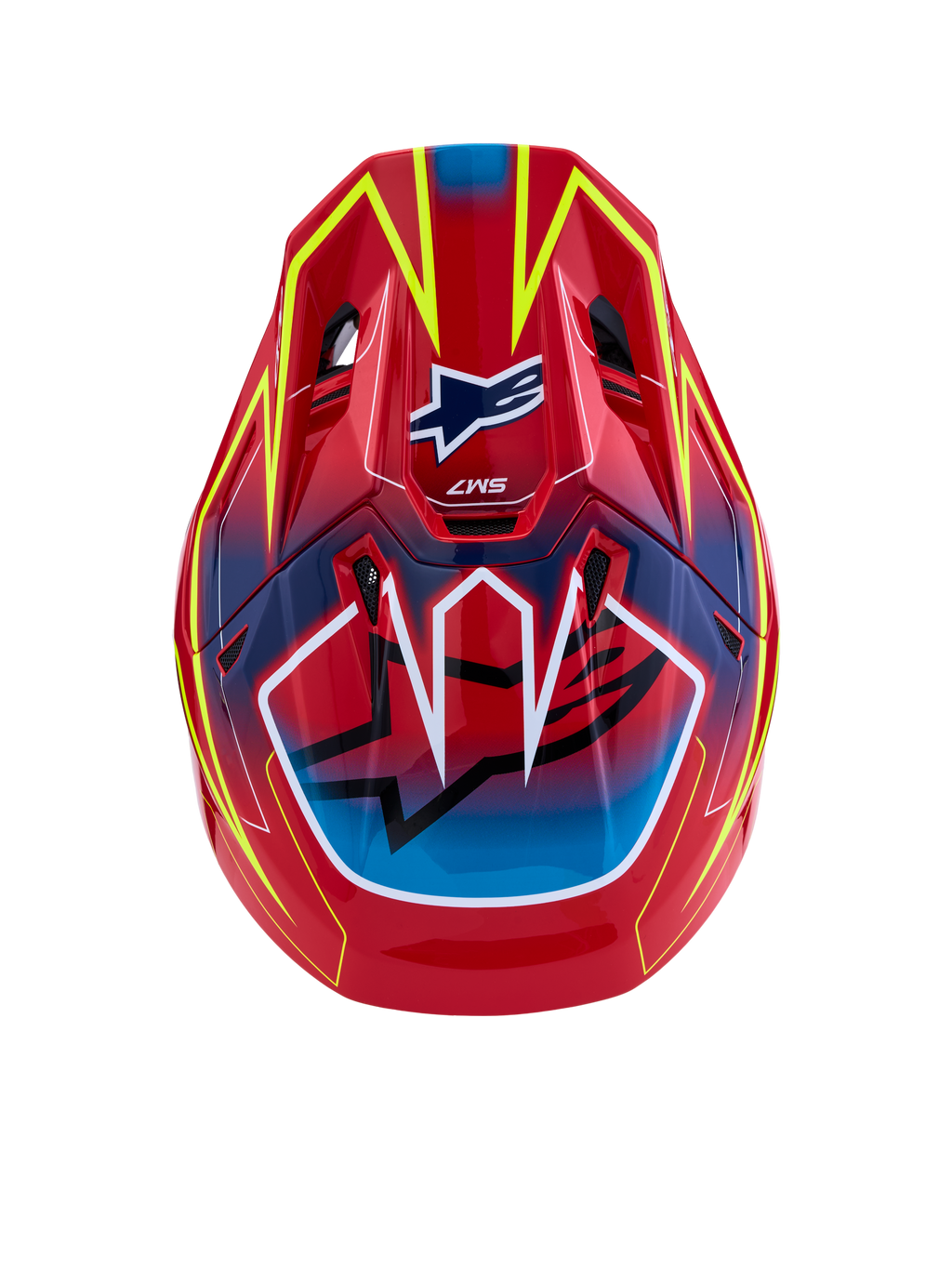 Alpinestars S-M7 Cast Helm ECE06, Motocross-Helm, Rot, Gelb Fluo und Blau, ECE 22.06 zertifizierter Verbundstoff, Draufsicht.