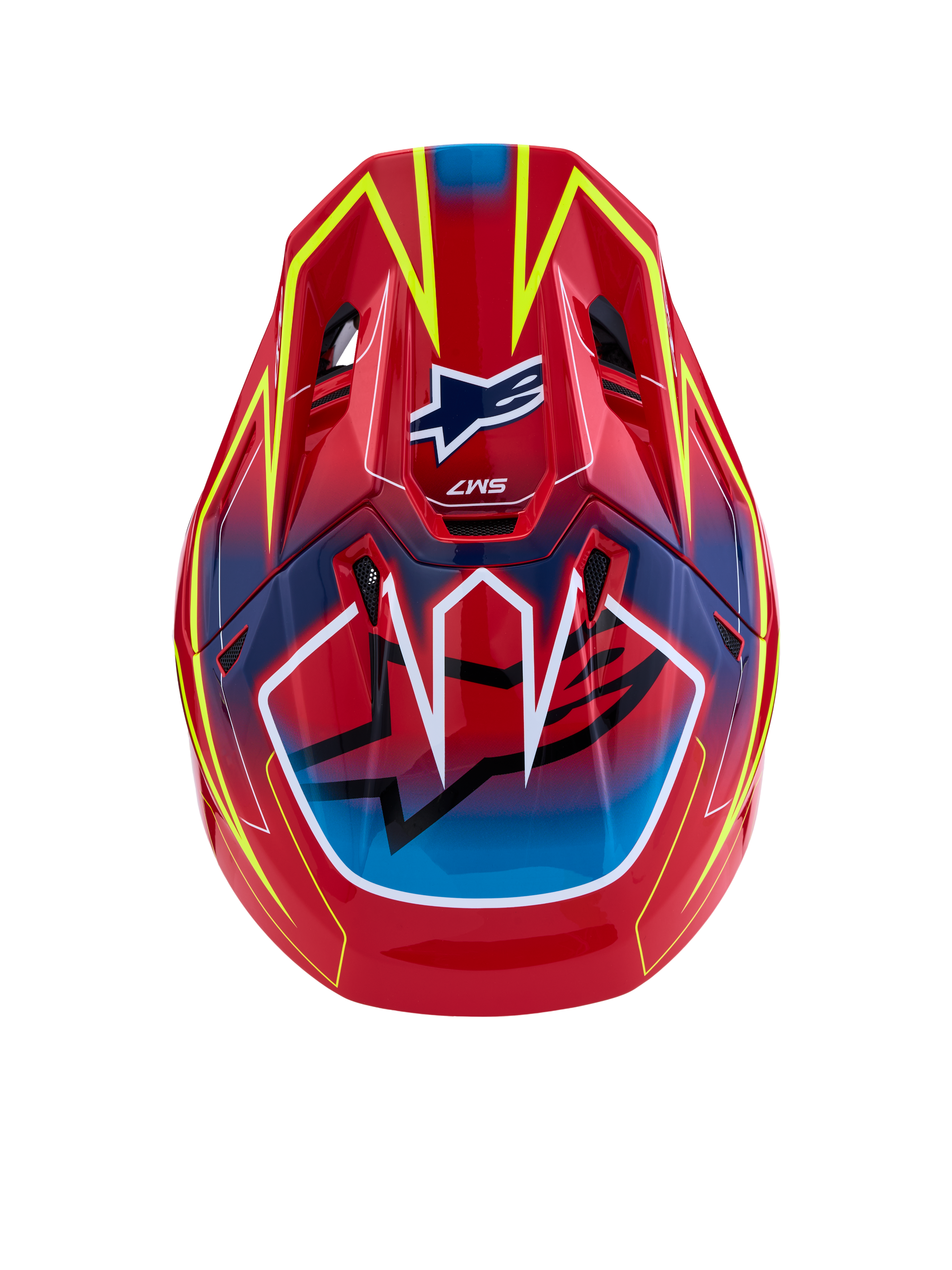 Alpinestars S-M7 Cast Helm ECE06, Motocross-Helm, Rot, Gelb Fluo und Blau, ECE 22.06 zertifizierter Verbundstoff, Draufsicht.