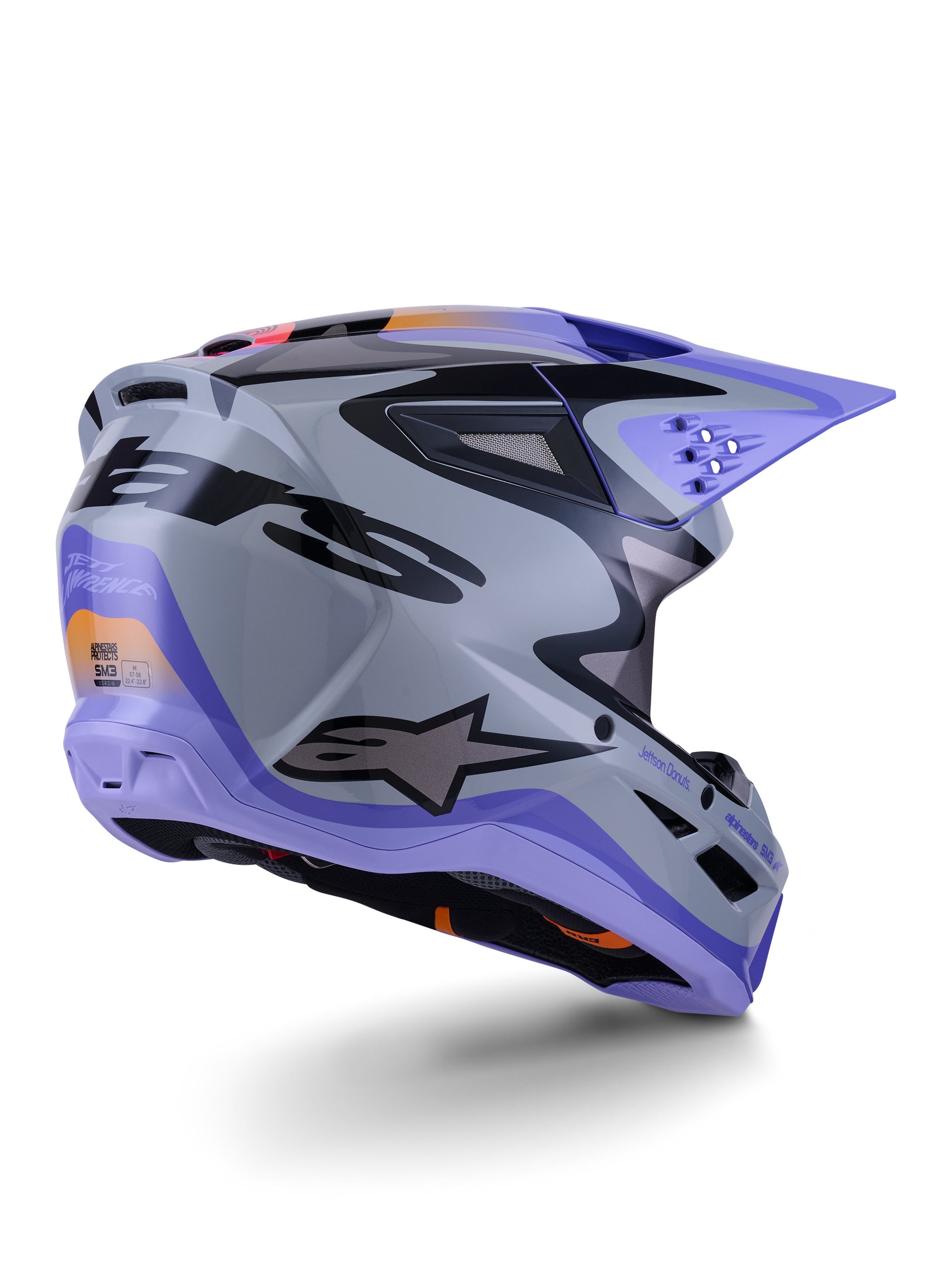 Alpinestars S-M3 Jettson Helmet ECE 22.06, Motocross Helmet, Gray Purple and Black Glossy, rear three-quarter view showing aerodynamic thermo-injected shell with ventilation ports and bold graphic design