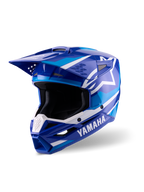 Alpinestars Yamaha S-M3 Helm, Motocross-Helm, Blau und Weiß glänzend, mit markantem Yamaha-Branding und Alpinestars Stern-Logo, kantiges Design mit Helmschirm und belüftetem Kinnschutz, professionelle Offroad-Rennausrüstung