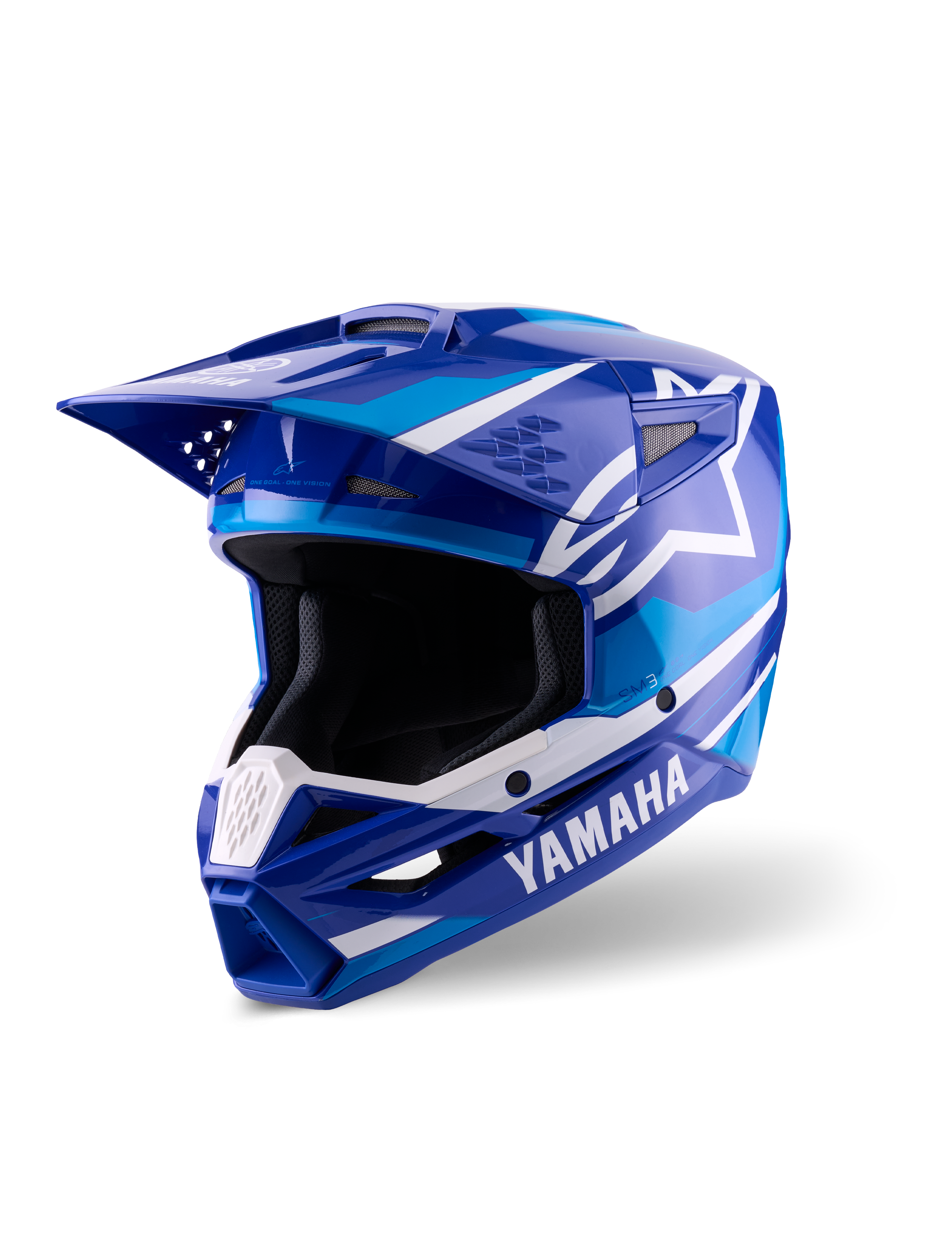 Alpinestars Yamaha S-M3 Helm, Motocross-Helm, Blau und Weiß glänzend, mit markantem Yamaha-Branding und Alpinestars Stern-Logo, kantiges Design mit Helmschirm und belüftetem Kinnschutz, professionelle Offroad-Rennausrüstung