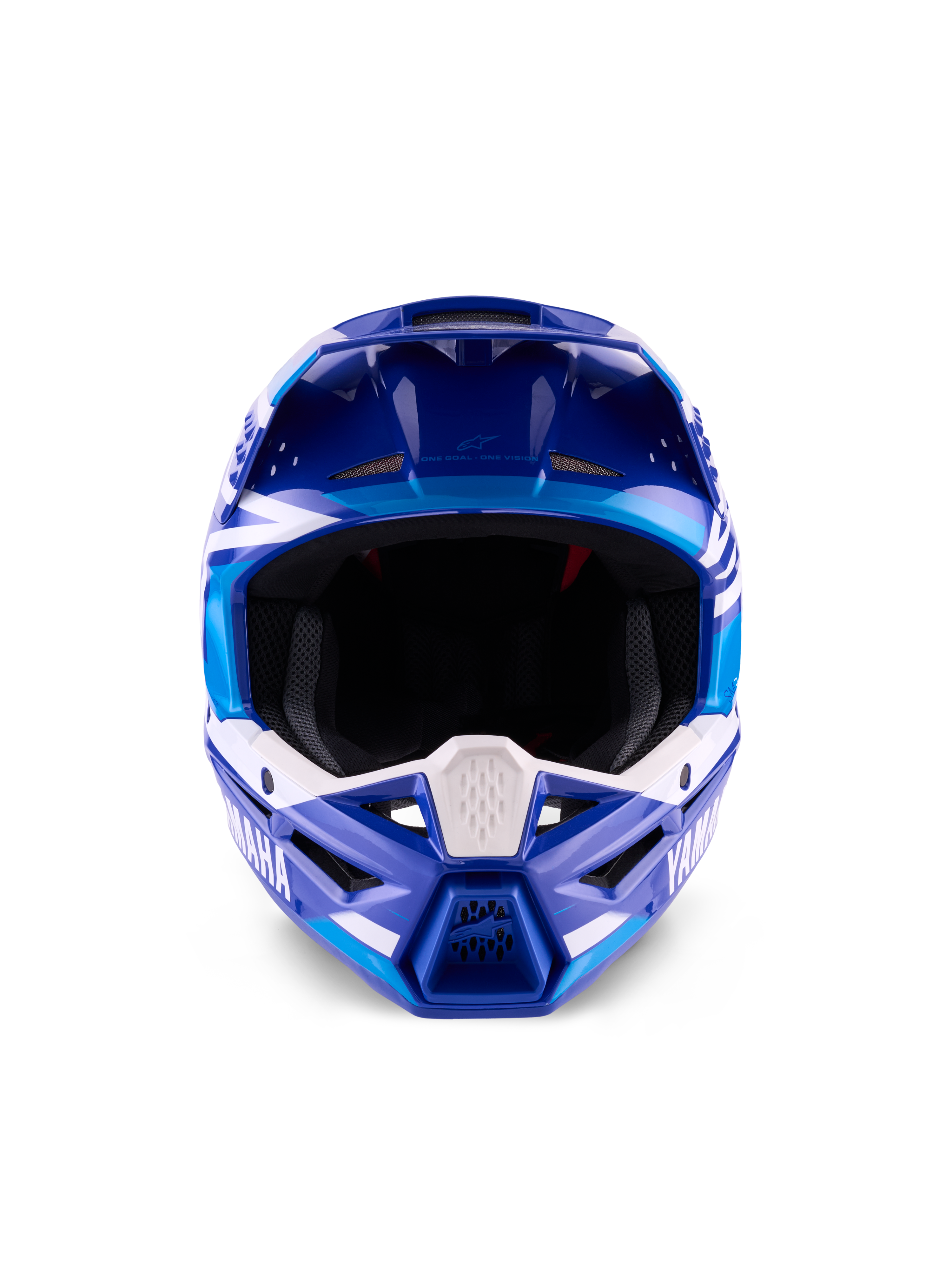 Yamaha S-M3 Helm ECE 22.06, Motocross-Helm, Blau und Weiß glänzend, Vorderansicht mit Fokus auf den schützenden Kinnbügel mit Yamaha-Branding und mehreren Belüftungsöffnungen.