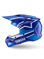 Alpinestars Yamaha S-M3 Helm, Motocross-Helm, Blau und Weiß glänzend, Seitenansicht mit Yamaha-Branding am Kinnschutz und Alpinestars-Sternlogo, aerodynamische Schale mit Belüftungsöffnungen für den Offroad-Rennsport