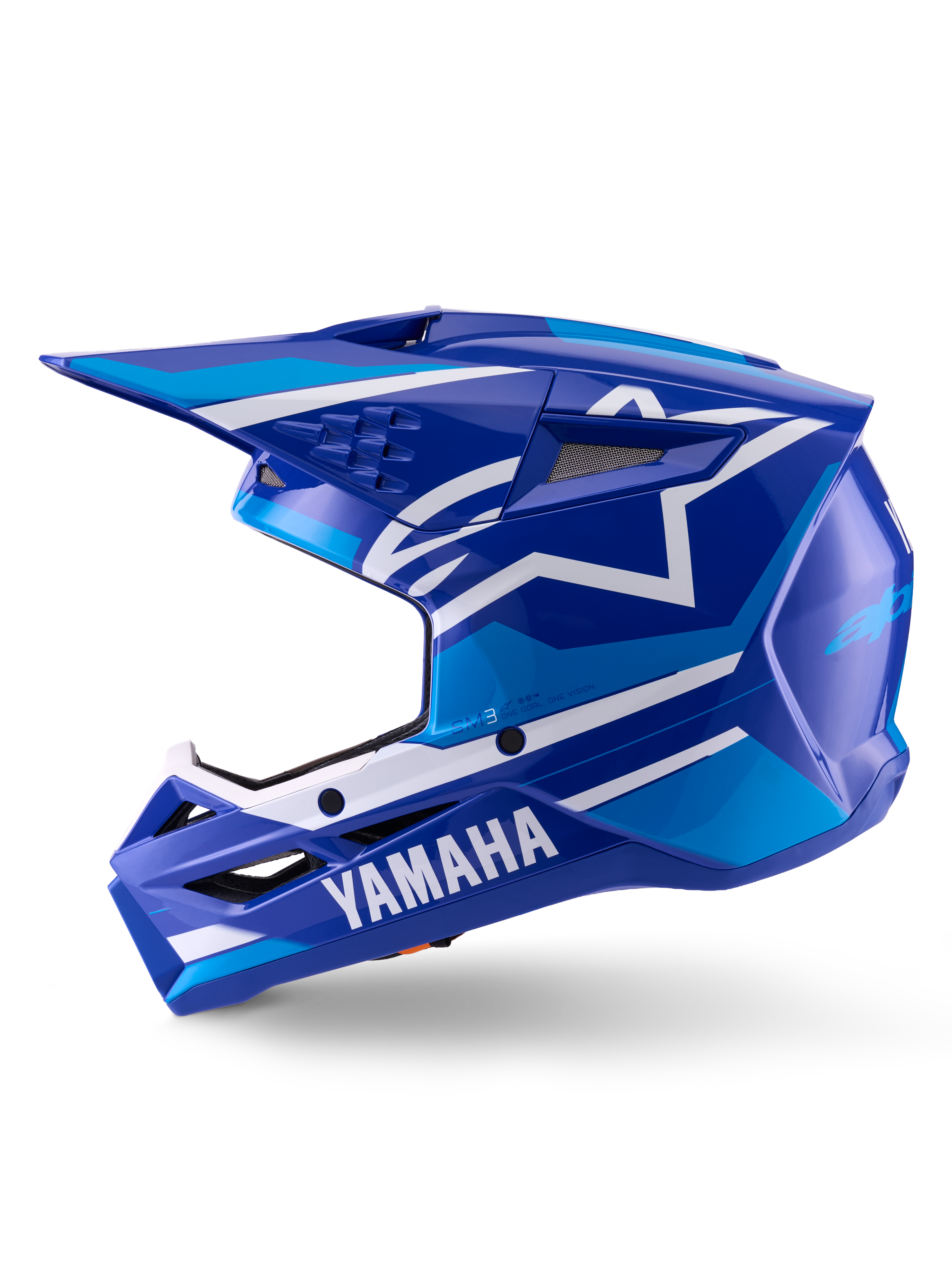 Alpinestars Yamaha S-M3 Helm, Motocross-Helm, Blau und Weiß glänzend, Seitenansicht mit Yamaha-Branding am Kinnschutz und Alpinestars-Sternlogo, aerodynamische Schale mit Belüftungsöffnungen für den Offroad-Rennsport