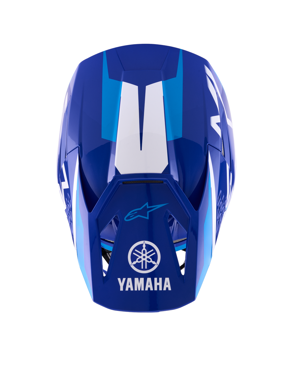 Alpinestars Yamaha S-M3 Helm, Motocross-Helm, Blau und Weiß glänzend, Draufsicht zeigt das Visier mit weißem Yamaha-Logo und Schriftzug, hellblaue grafische Akzente und aggressives aerodynamisches Schalendesign.