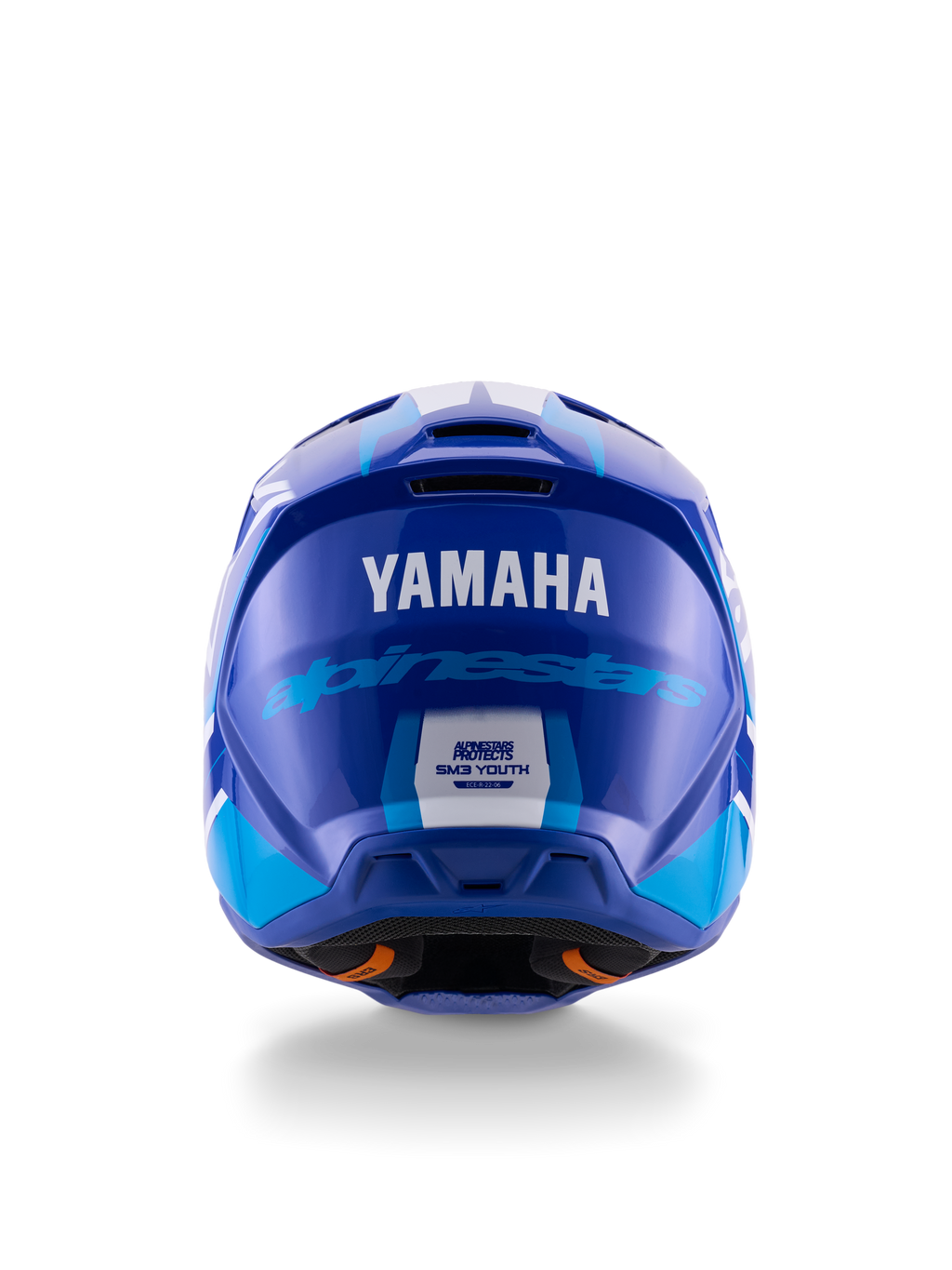 Yamaha S-M3 Jugend-Motocross-Helm, Rückansicht, Blau und Weiß glänzend, mit markantem Yamaha- und Alpinestars-Branding, aerodynamisches Schalendesign mit ECE 22.06 Sicherheitszertifizierung, professioneller Kopfschutz für den Offroad-Rennsport