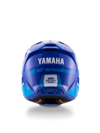Yamaha S-M3 Jugend-Motocross-Helm, Rückansicht, Blau und Weiß glänzend, mit markantem Yamaha- und Alpinestars-Branding, aerodynamisches Schalendesign mit ECE 22.06 Sicherheitszertifizierung, professioneller Kopfschutz für den Offroad-Rennsport