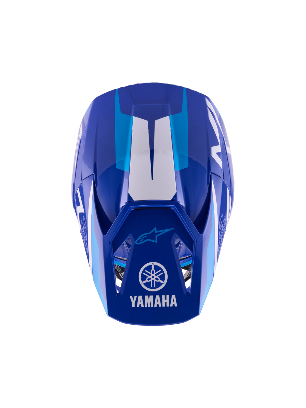 Alpinestars Yamaha S-M3 Jugend-Motocross-Helm, Blau Weiß Glänzend, Draufsicht zeigt die Außenschale und das Visier, mit Yamaha und Alpinestars Logos, aerodynamisches Design mit glänzendem Finish und weißen grafischen Akzenten.