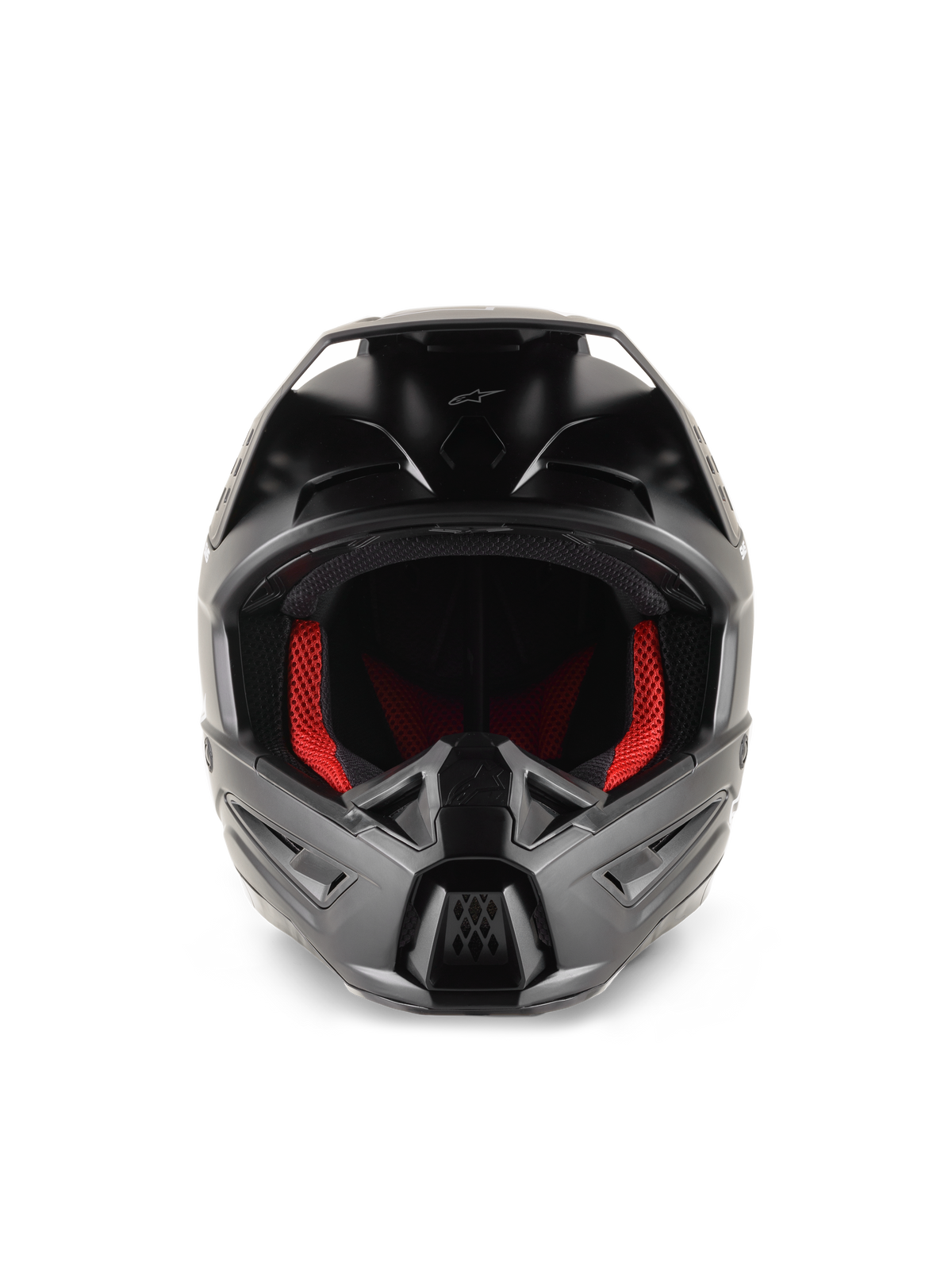 Alpinestars S-M5 Solid Helm, Motocross-Helm, Mattschwarz, Frontansicht mit roter Innenpolsterung, geformter Kinnbügel mit Belüftungsöffnungen und schützendes Visier für Offroad-Rennsport