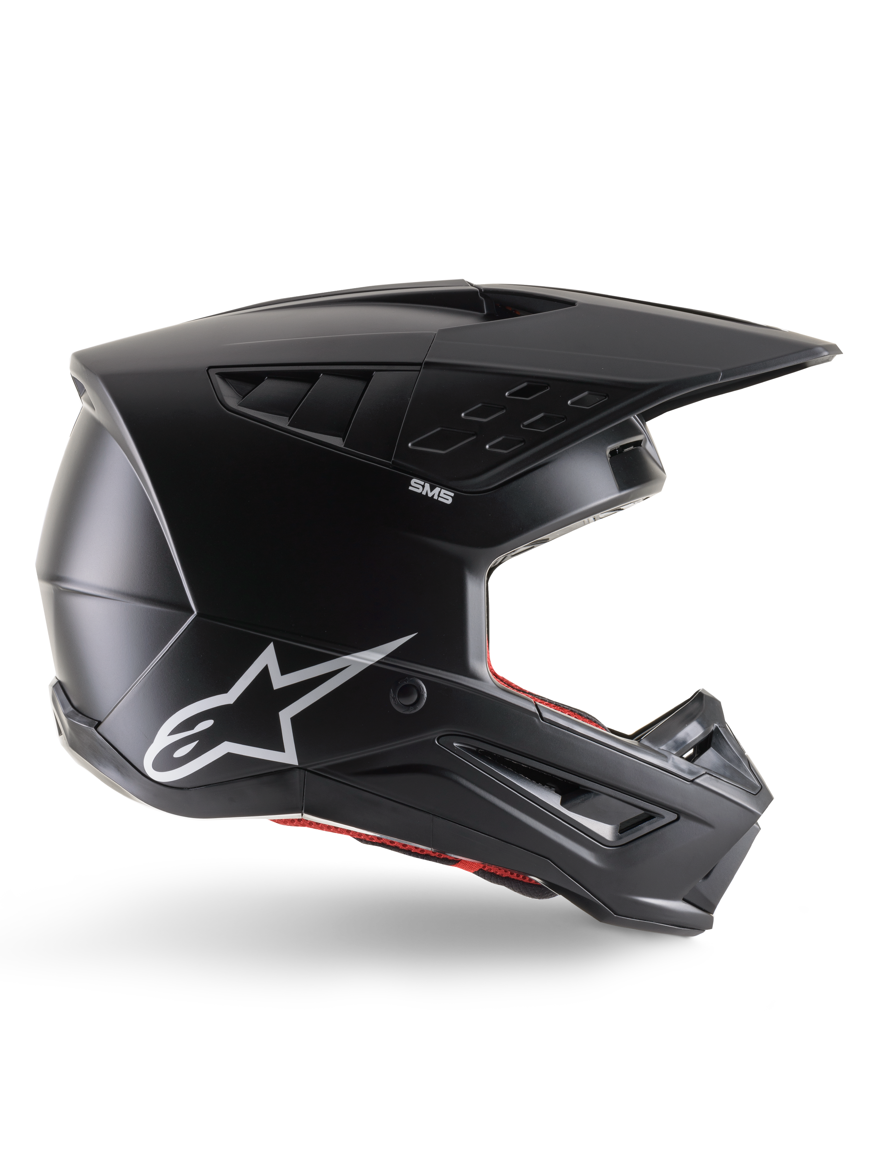 Alpinestars S-M5 Solid Helm, Motocross-Helm, Matt-Schwarz mit weißem Alpinestars Stern-Logo und rotem Innenfutter, aerodynamisches Design mit mehreren Belüftungsöffnungen und langem Visier, ECE 22.06 zertifizierter Offroad-Schutz
