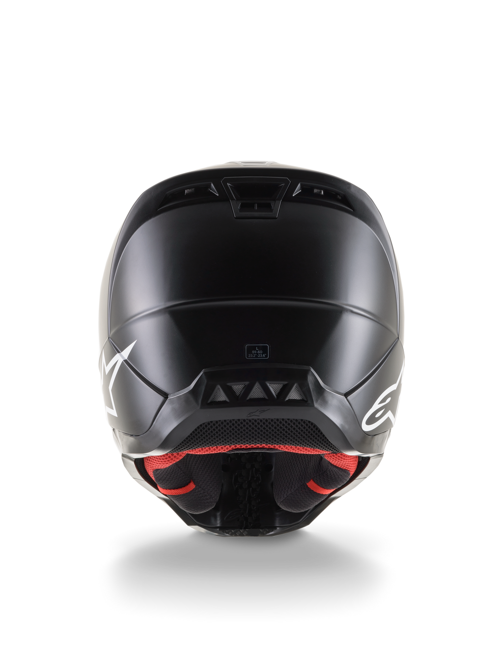 Rear view of the Alpinestars S-M5 Solid Helmet ECE 22.06, Motocross Helmet, Black Matte finish, featuring white Alpinestars logos on the sides, red inner lining, and aerodynamic shell with exhaust vents.