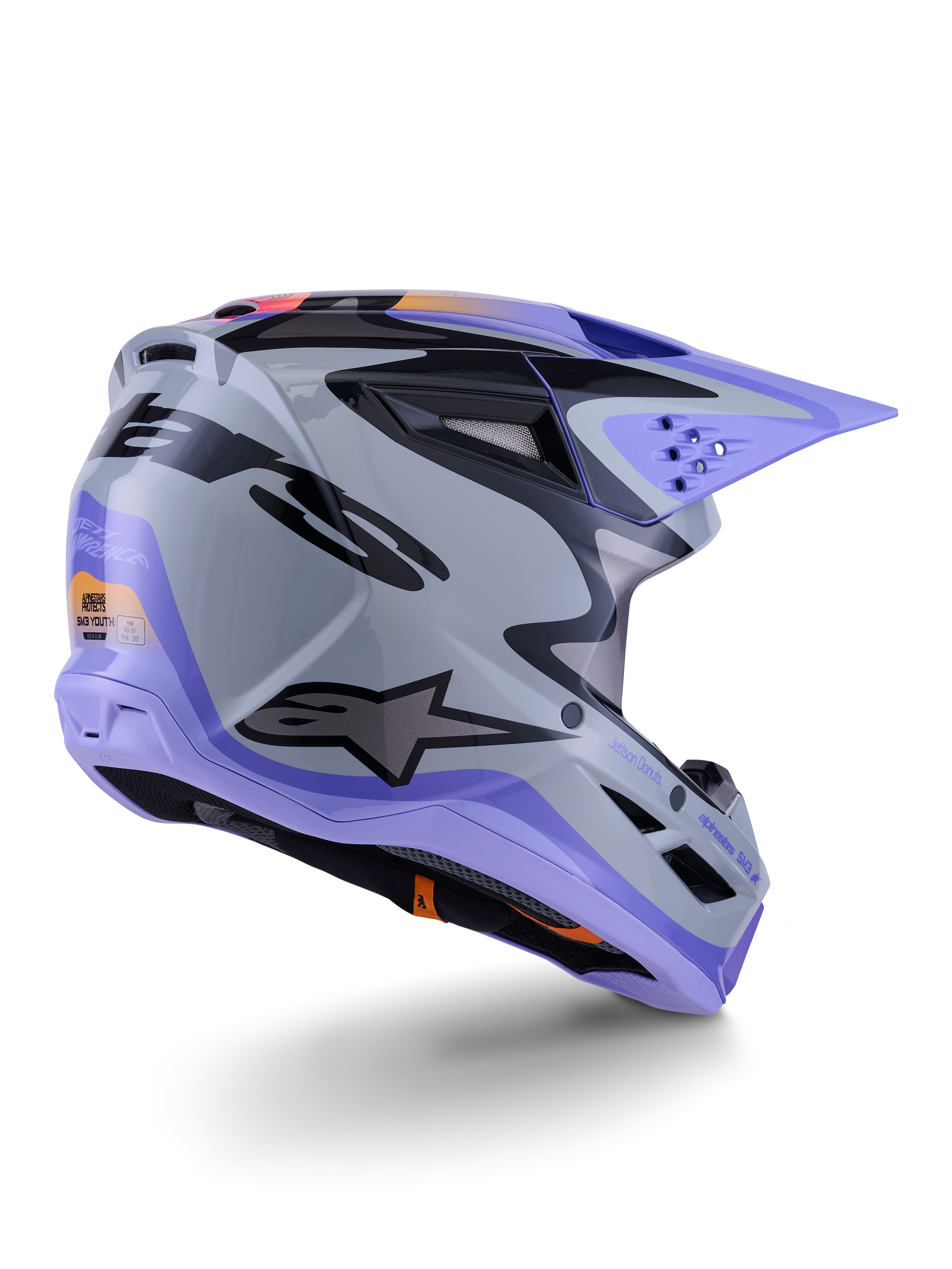 Alpinestars S-M3 Jettson Jugend-Helm, Motocross-Helm, Grau, Lila und Schwarz glänzend, Dreiviertel-Rückansicht, mit lila Visier, schwarzem Alpinestars-Logo und mehreren Belüftungsöffnungen, elegantes Design für Jugend-Offroad-Rennsport