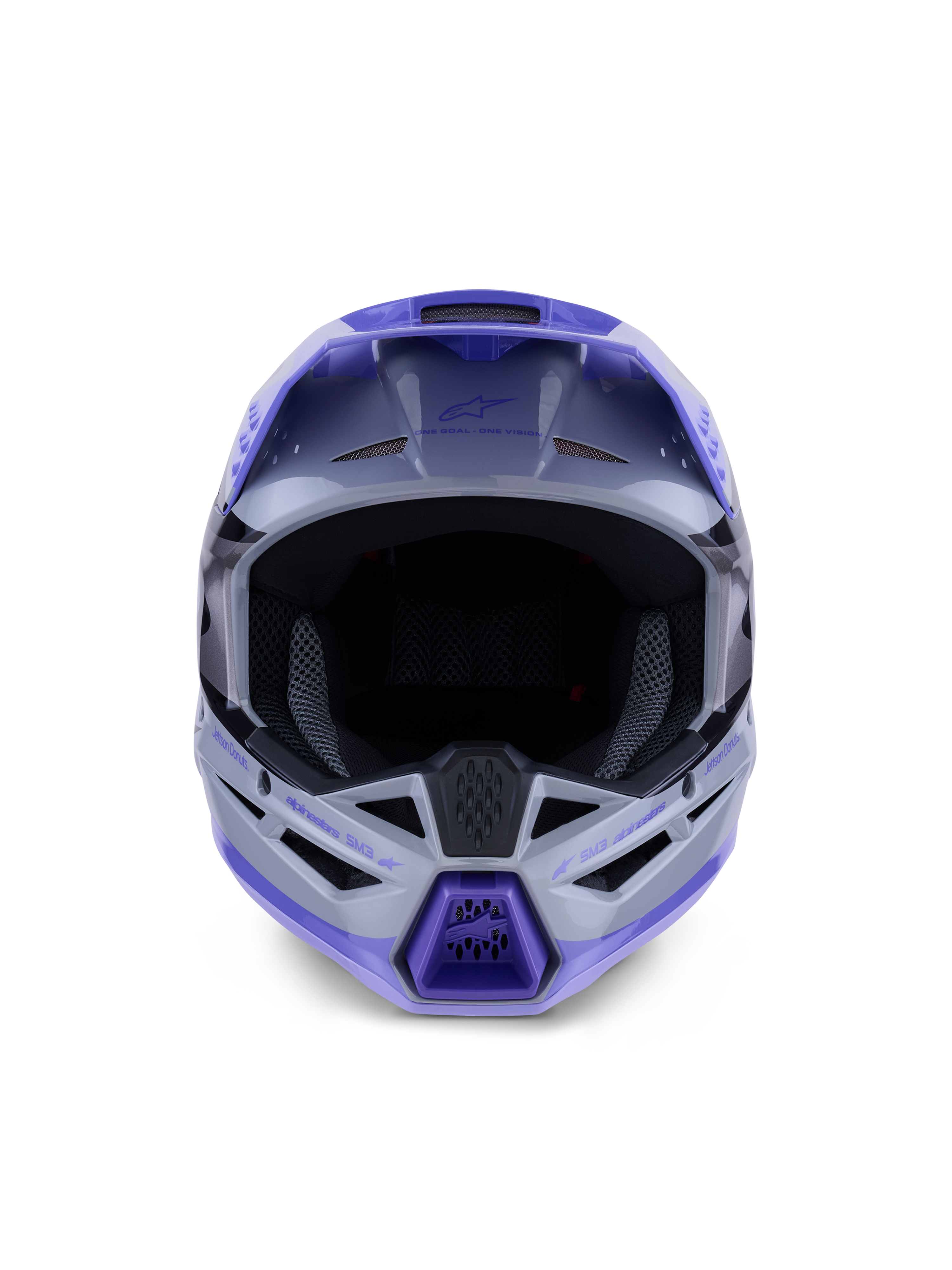 Alpinestars S-M3 Jettson Helmet, Motocross Helmet, Gray Purple and Black Glossy, front view featuring a wide eye port and ventilated chin guard with purple accents, sleek thermo-injected shell design for off-road performance