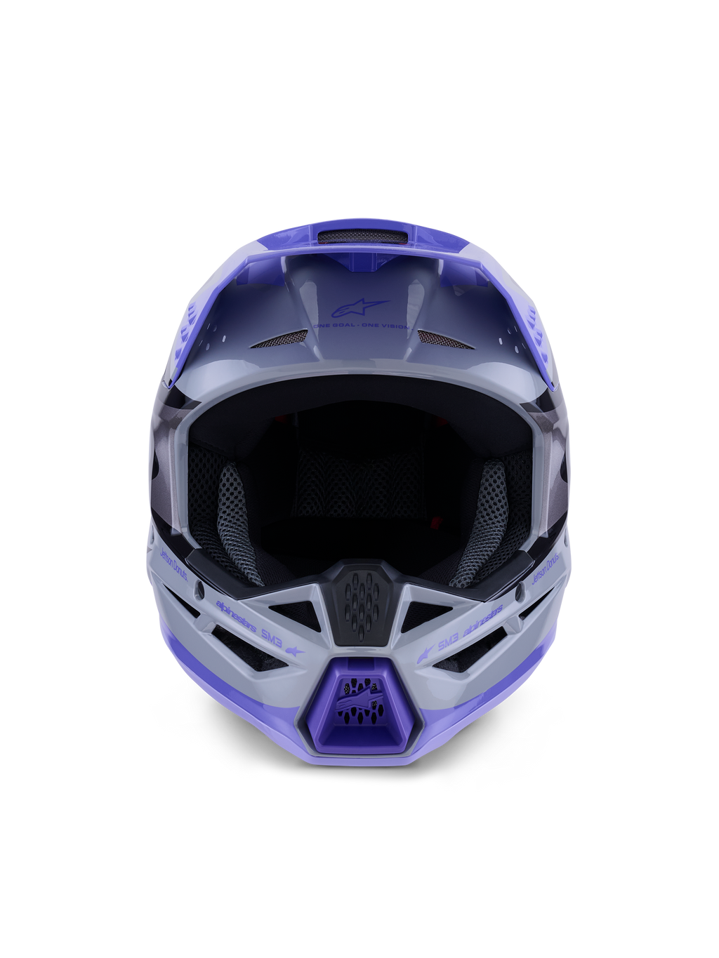 Alpinestars S-M3 Jettson Jugend-Helm, Motocross-Helm, glänzendes Finish in Grau, Lila und Schwarz, Vorderansicht mit großer Augenöffnung für Brillen und belüftetem Kinnschutz, professioneller Offroad-Kopfschutz.