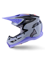 Alpinestars S-M3 Jettson Helmet, Motocross Helmet, Gray Purple and Black Glossy, side profile view with sleek graphics and adjustable visor, featuring multiple ventilation ports and Alpinestars branding, high-performance off-road protection